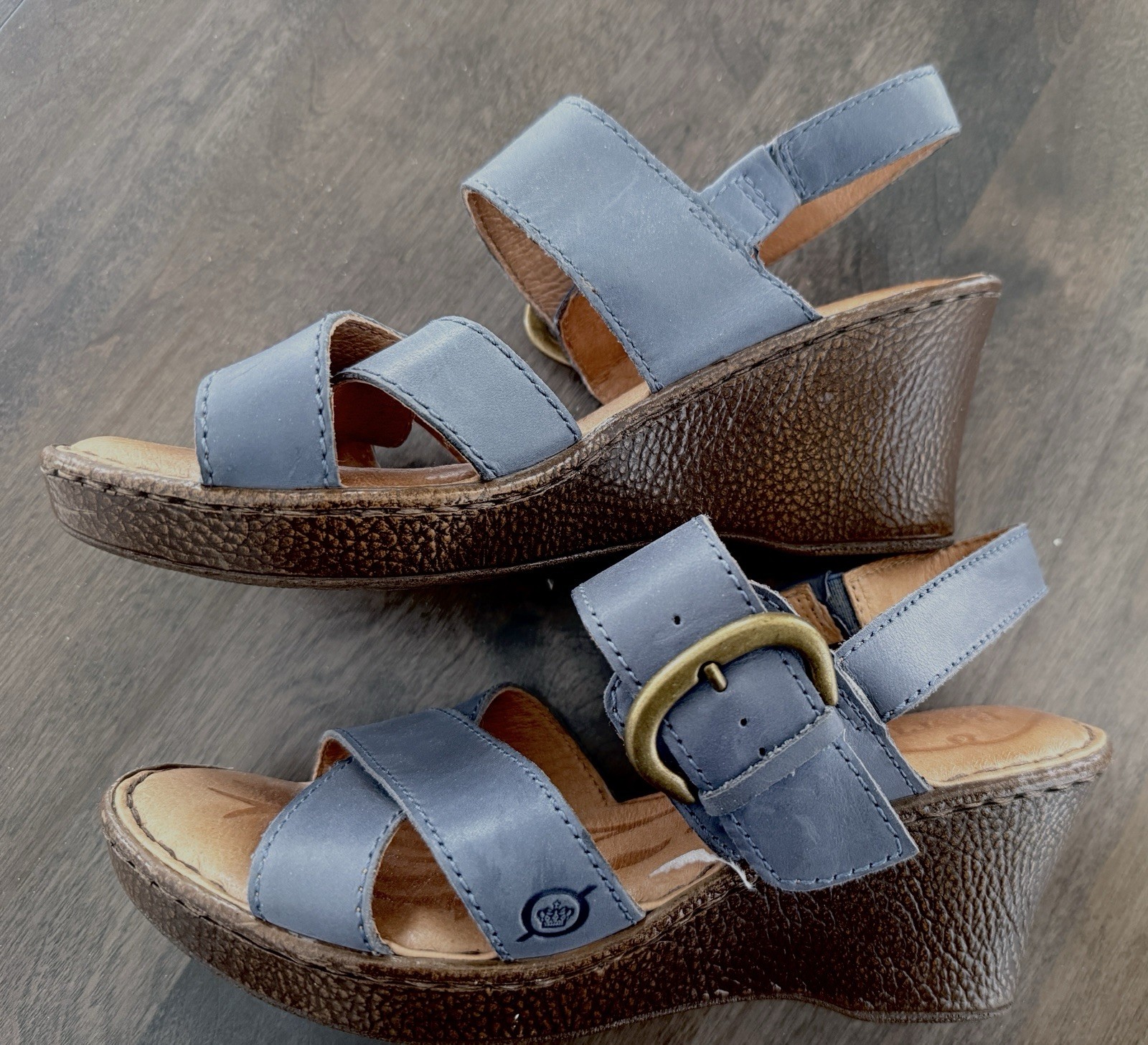 Børn Blue Leather Buckle Wedge Strappy Sandals Women’s Casual Summer Spring