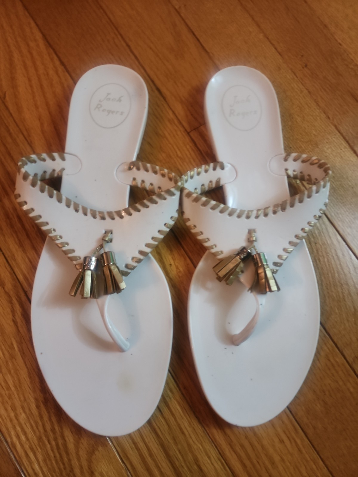 JACK ROGERS Alana White & Gold Tassels Jelly Flip-Flop Thong Sandal Sz 10 EUC