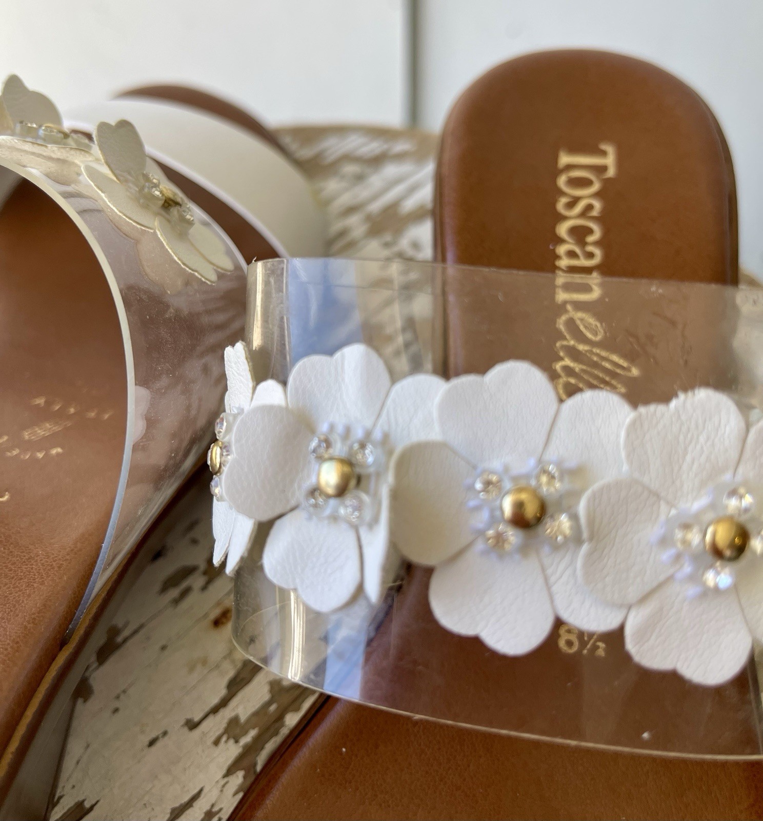 White Floral Slide Sandals W/Clear Strap & Wedge Heel By TOSCANELLA Size 8.5