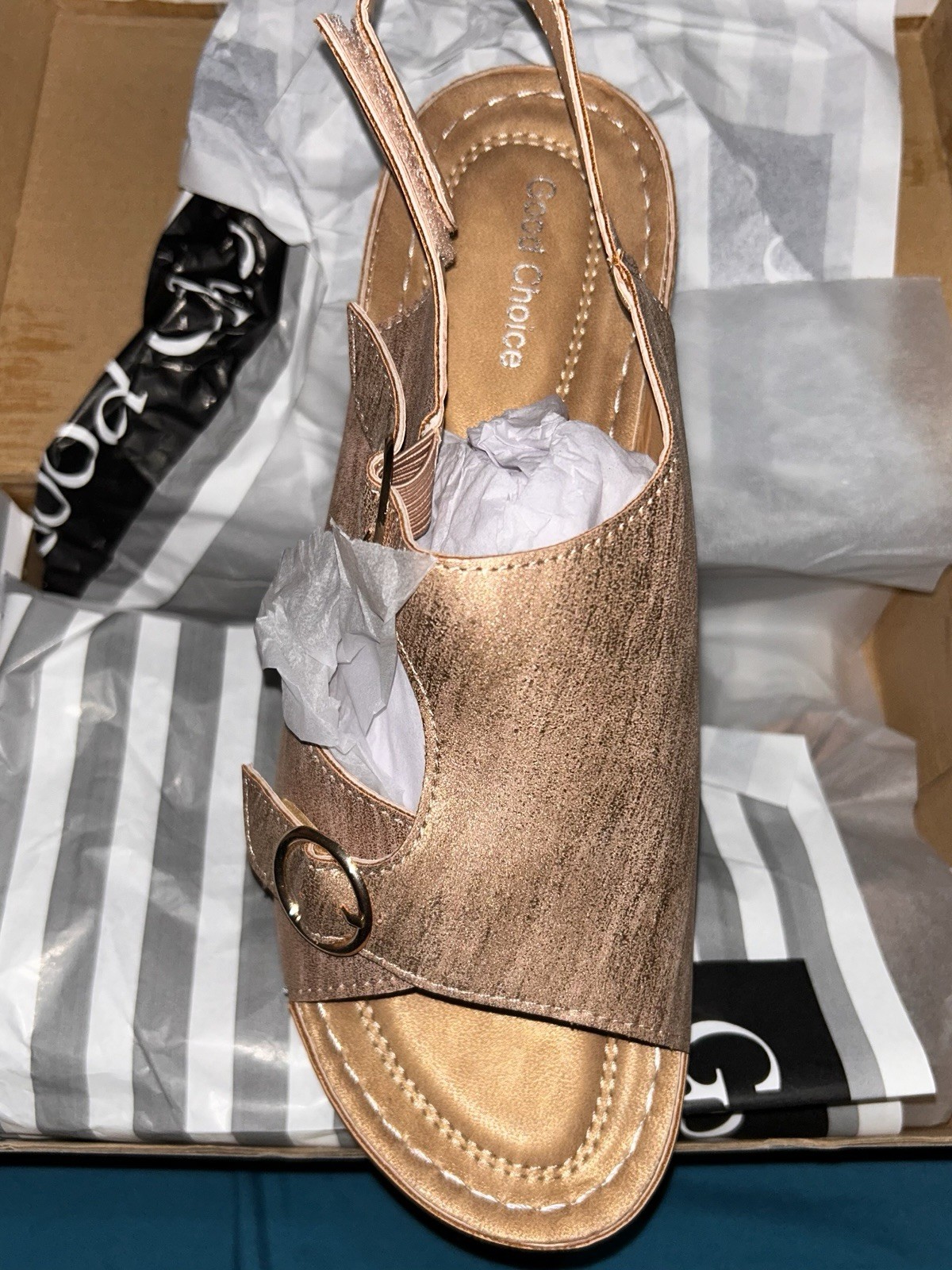 Good Choice 9M Rose Gold GC Melba Buckle/Hook Loop Wedge Sandals NEW NWB