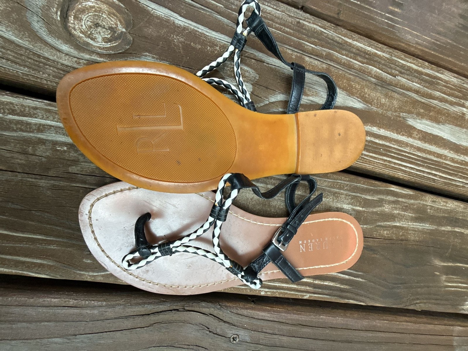 Lauren Ralph Lauren Black and White Braided Thong Sandals Size 8B