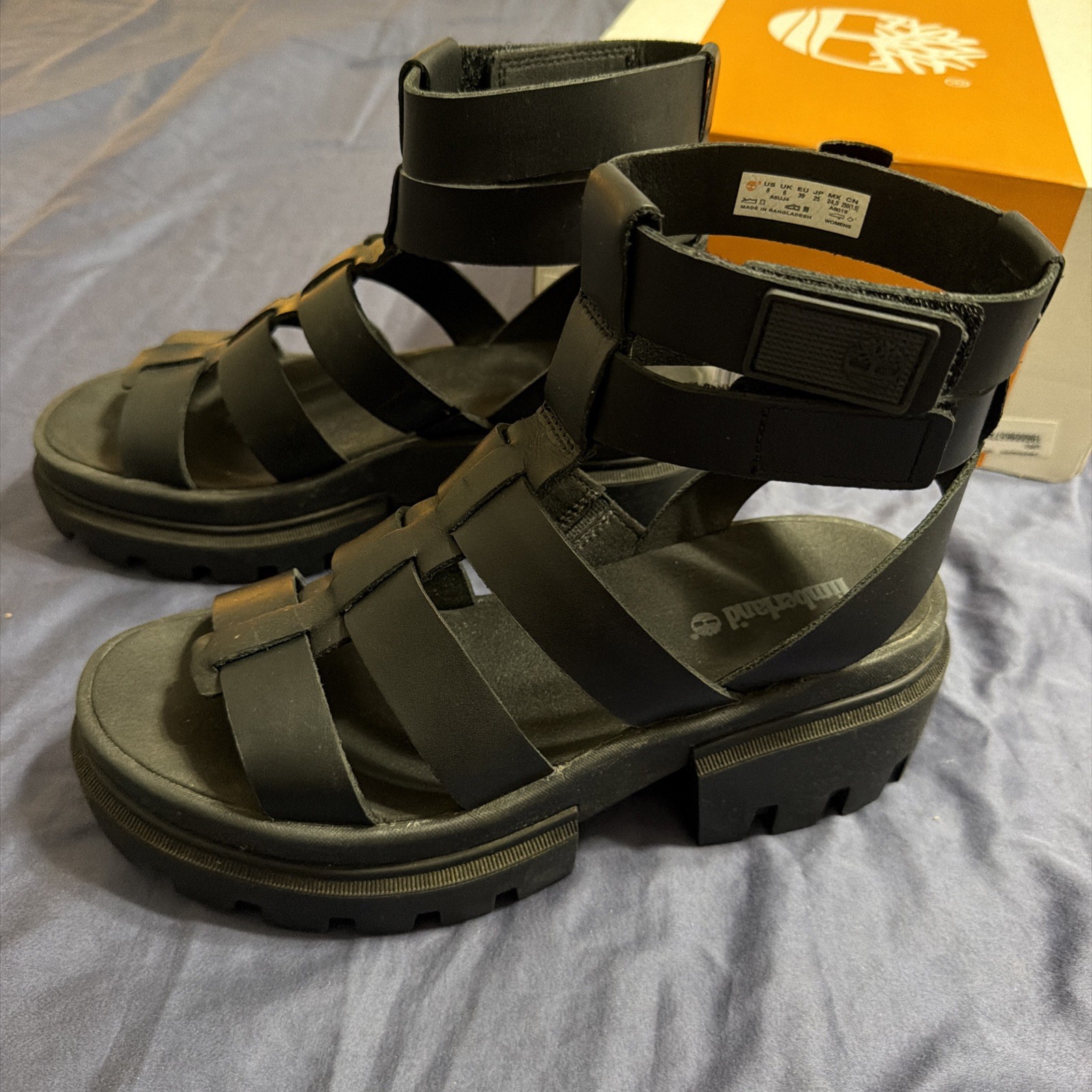 Timberland Women’s Everleigh Gladiator Sandals Black Leather Size 9 likenew wbox
