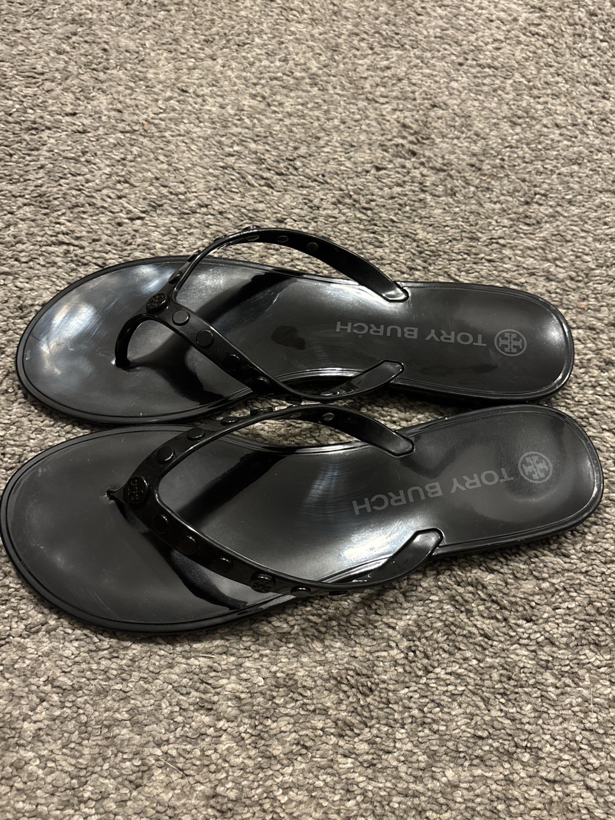 Tory Burch Women’s Sz 10 Black Logo Flip Flop Sandal Rivets Jelly Spring Summer