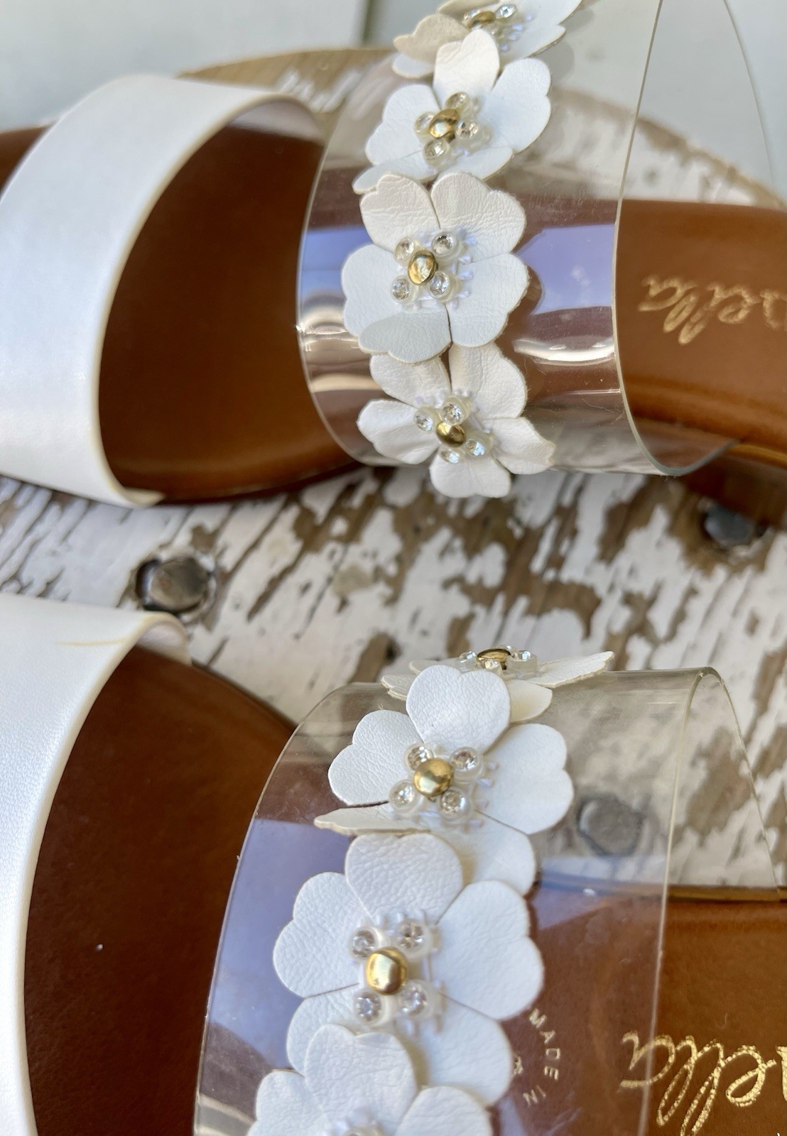 White Floral Slide Sandals W/Clear Strap & Wedge Heel By TOSCANELLA Size 8.5
