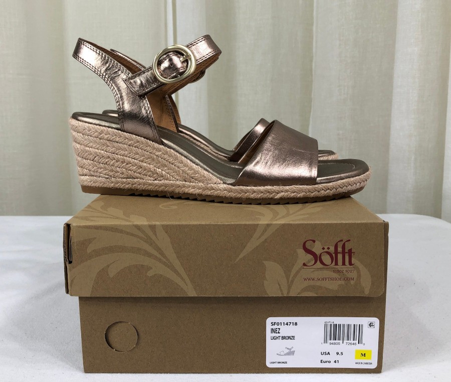 NIB Sofft Women Inez Espadrille Strappy Wedge Sandal US 9.5 Light Bronze Leather