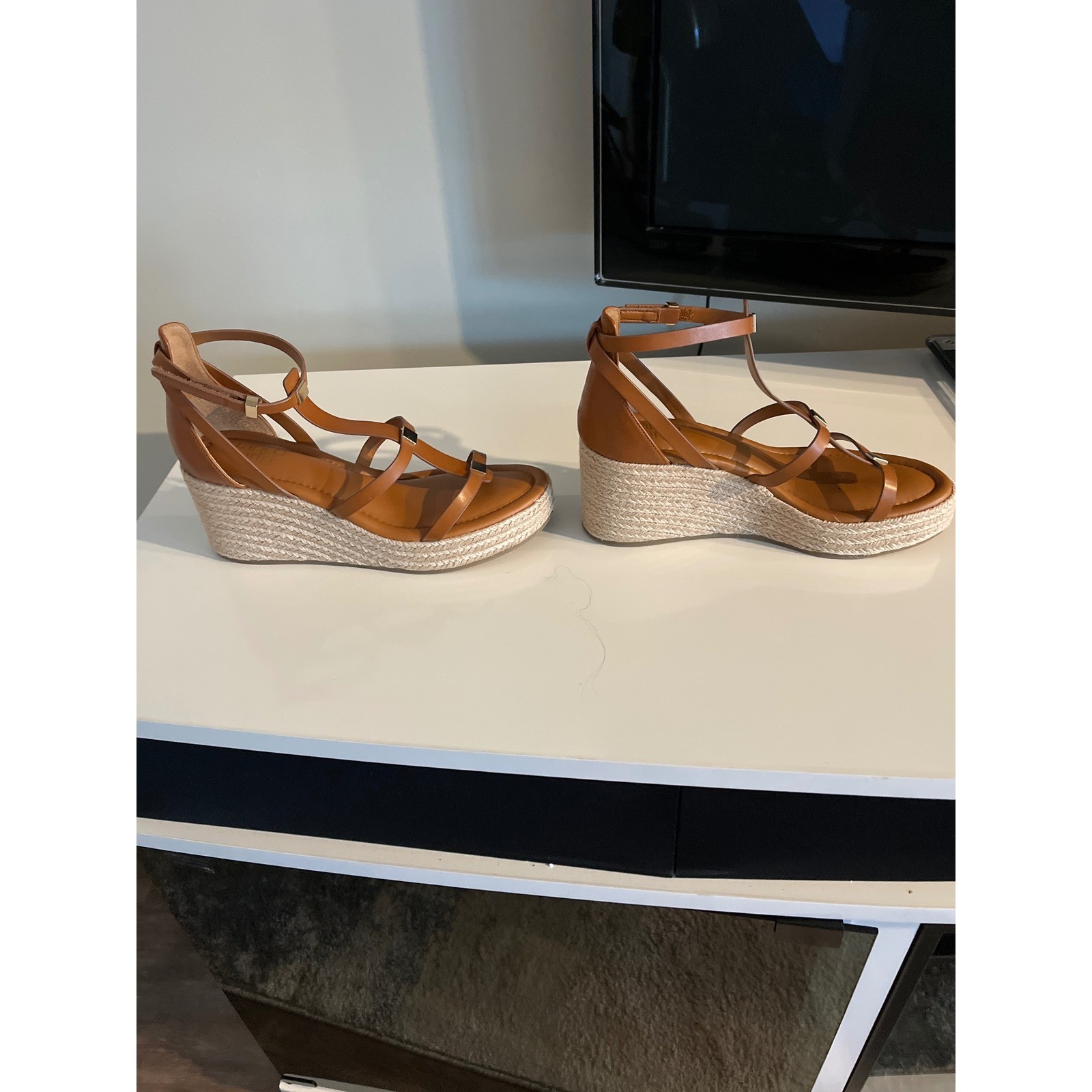 Franco Sarto Cognac Brown Leather Espadrille Wedge Sandals Gold Hardware Strappy