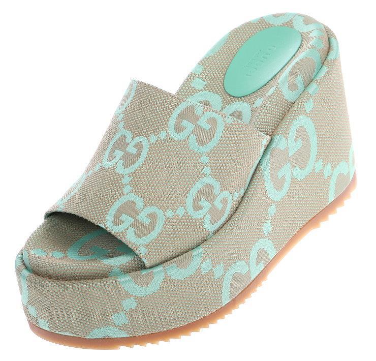 NEW GUCCI JUMBO GG SUPREME 120MM BEIGE LIME PLATFORM SANDALS SHOES 41/11