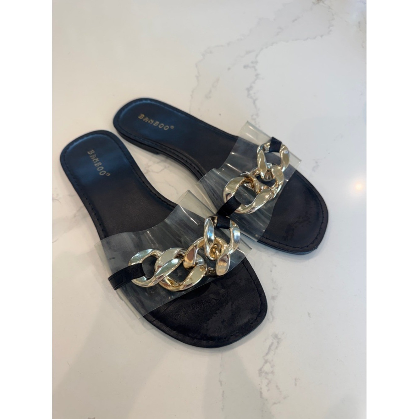 BAMBOO Black Slide Sandals with Gold Chain Detail