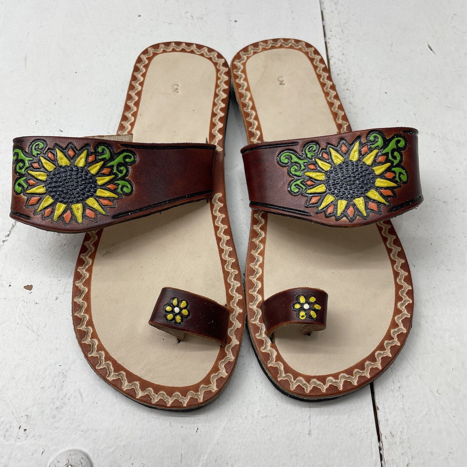 Handcrafted Brown Leather Sandals Multicolor Floral Junior Size 3 Womens 5 NEW