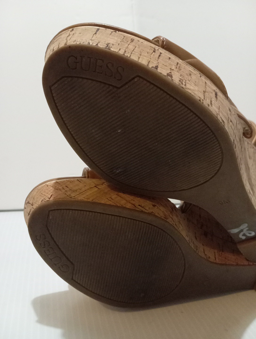 Guess Platform Cork Wedge Gold Zipper Buckle Emblem Size 9