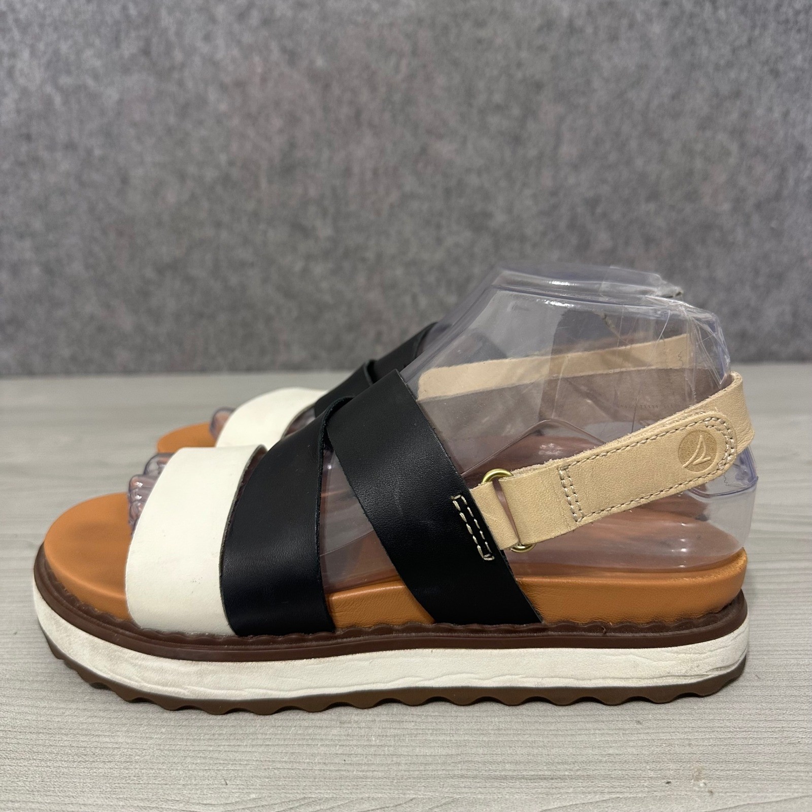 Sperry Cami Flatform Sandals Womens 7.5 Black White Tan Leather Strappy Comfort