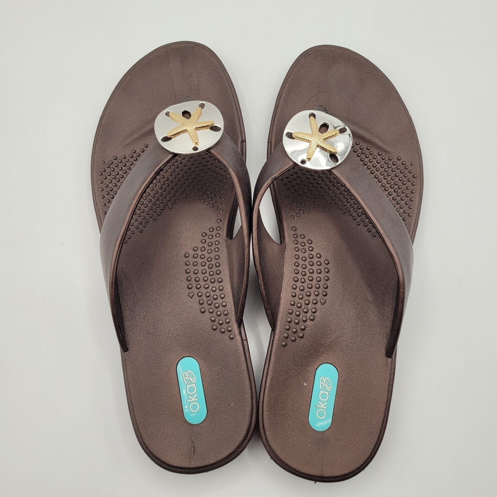 Oka-B Flip Flops L Sandy Sand Dollar Sea Star Bronze Brown Women’s Size 9.5-10.5