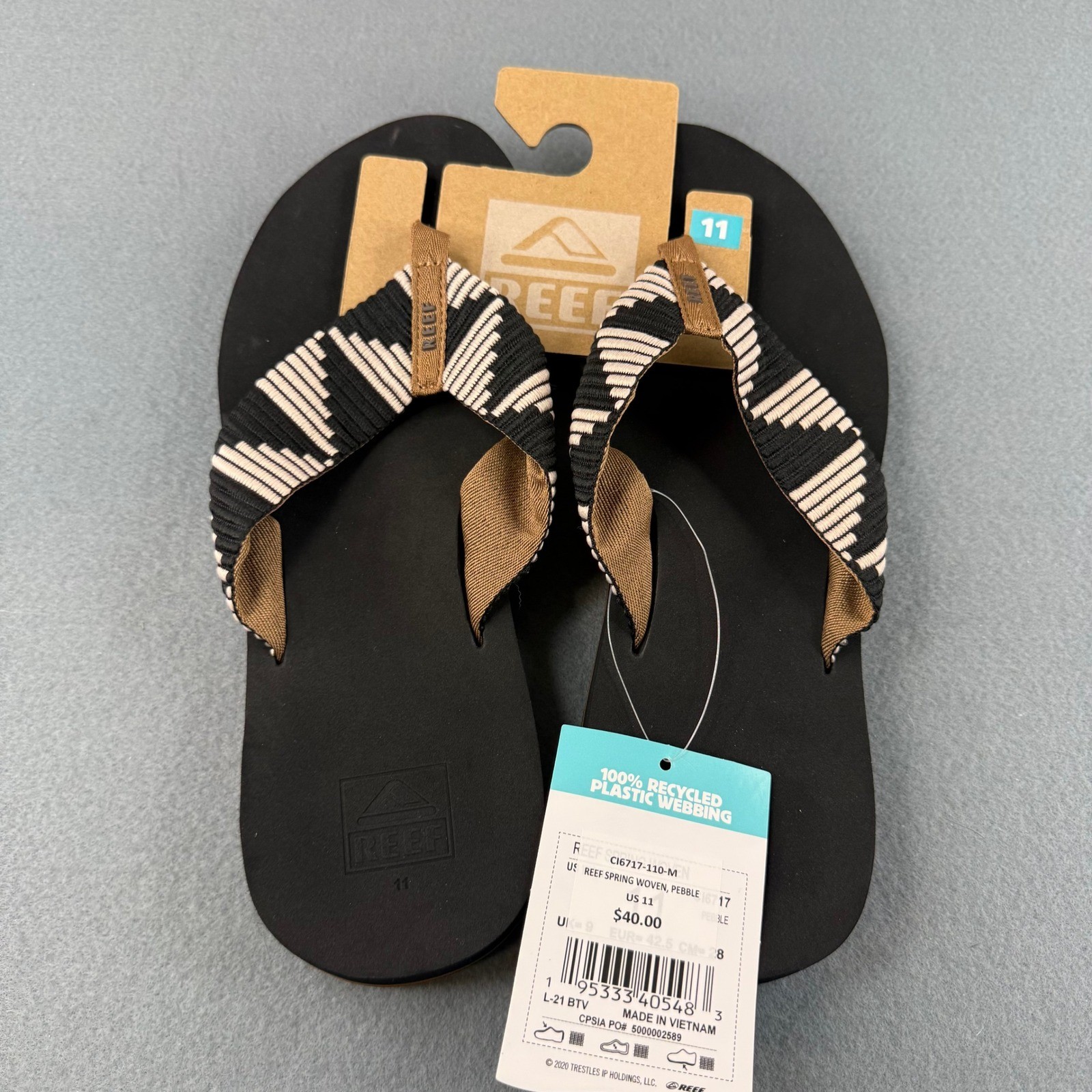 Reef Spring Woven Flip Flops Women 11 Black Pebble CI6717-110-M Recycled Webbing