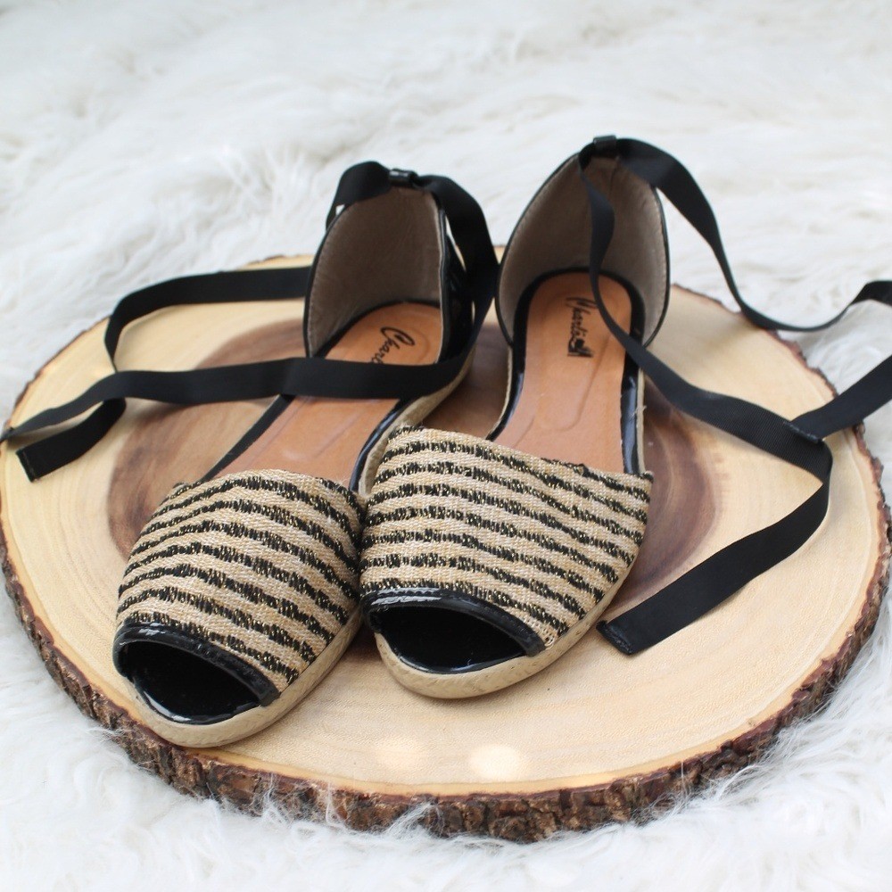 Women’s Lace Up Espadrille Flats Black Gold Striped Open Toe