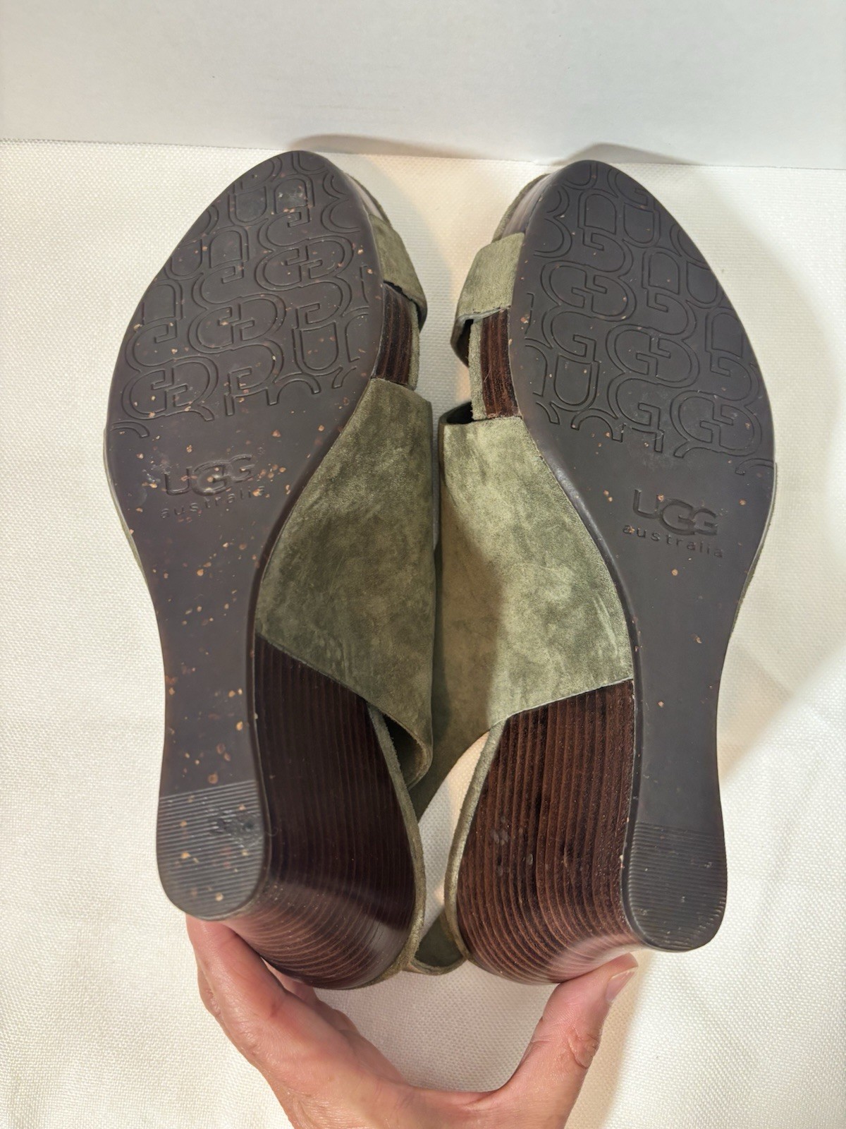 UGG Women’s Wood Wedge Olive Suede Strappy Sandals Size 9