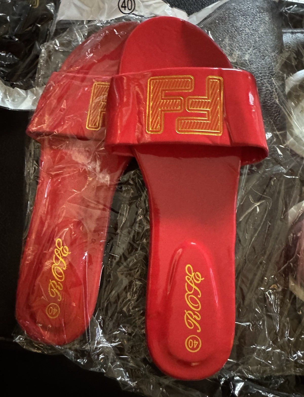 Women’s Red Synthetic Slide Sandals Logo Strap Slip-On Casual US 10 EU 40
