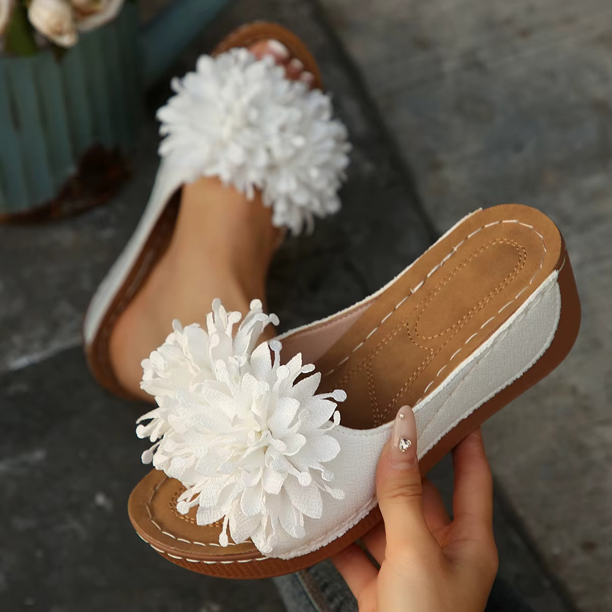 Women’s Flower Wedge Sandals Open Toe Slip-On Summer Platform Slides Casual