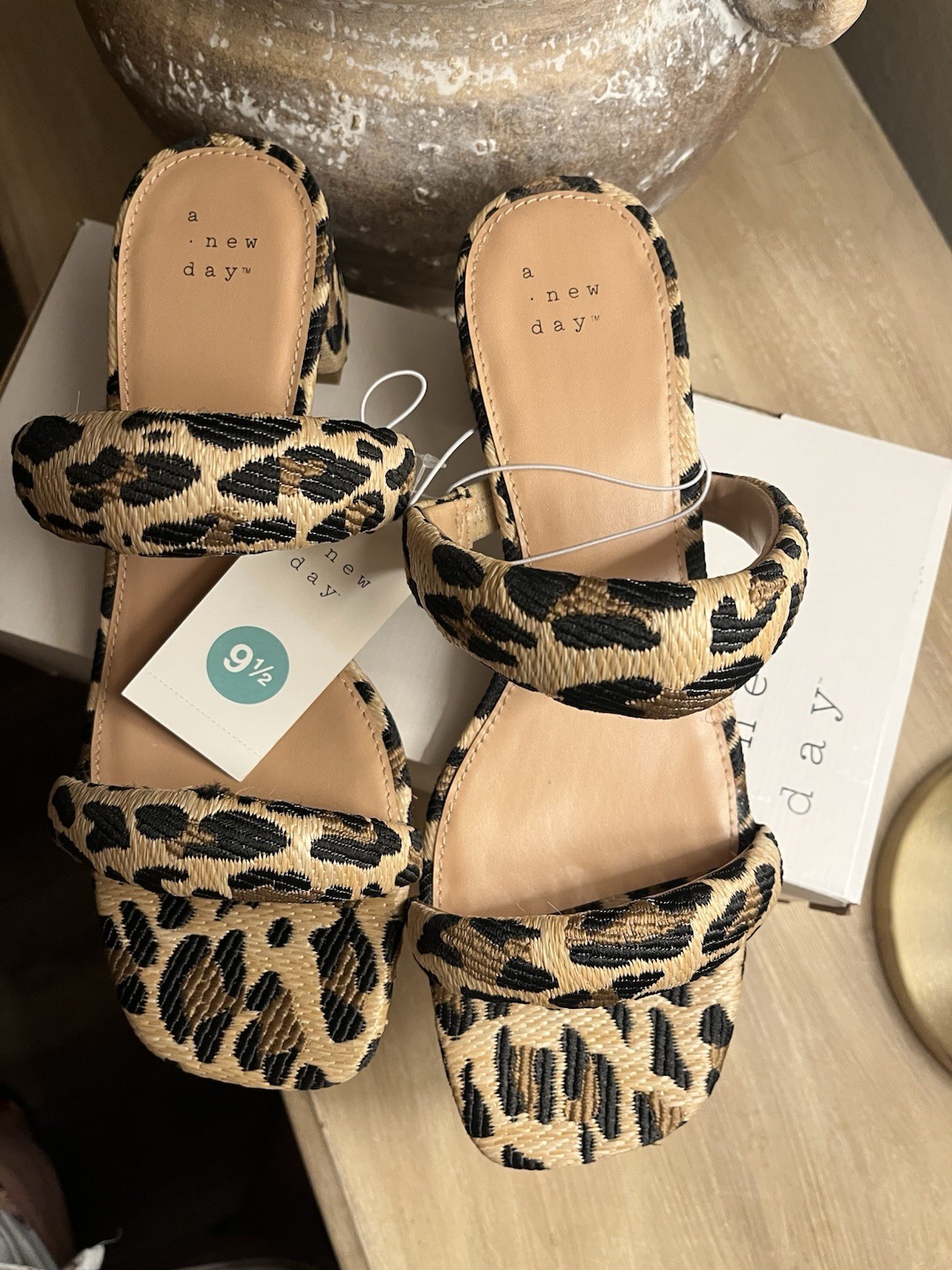 A New Day Women’s Leopard Animal Print Strappy Slip-On Block Heel Sandals 9.5