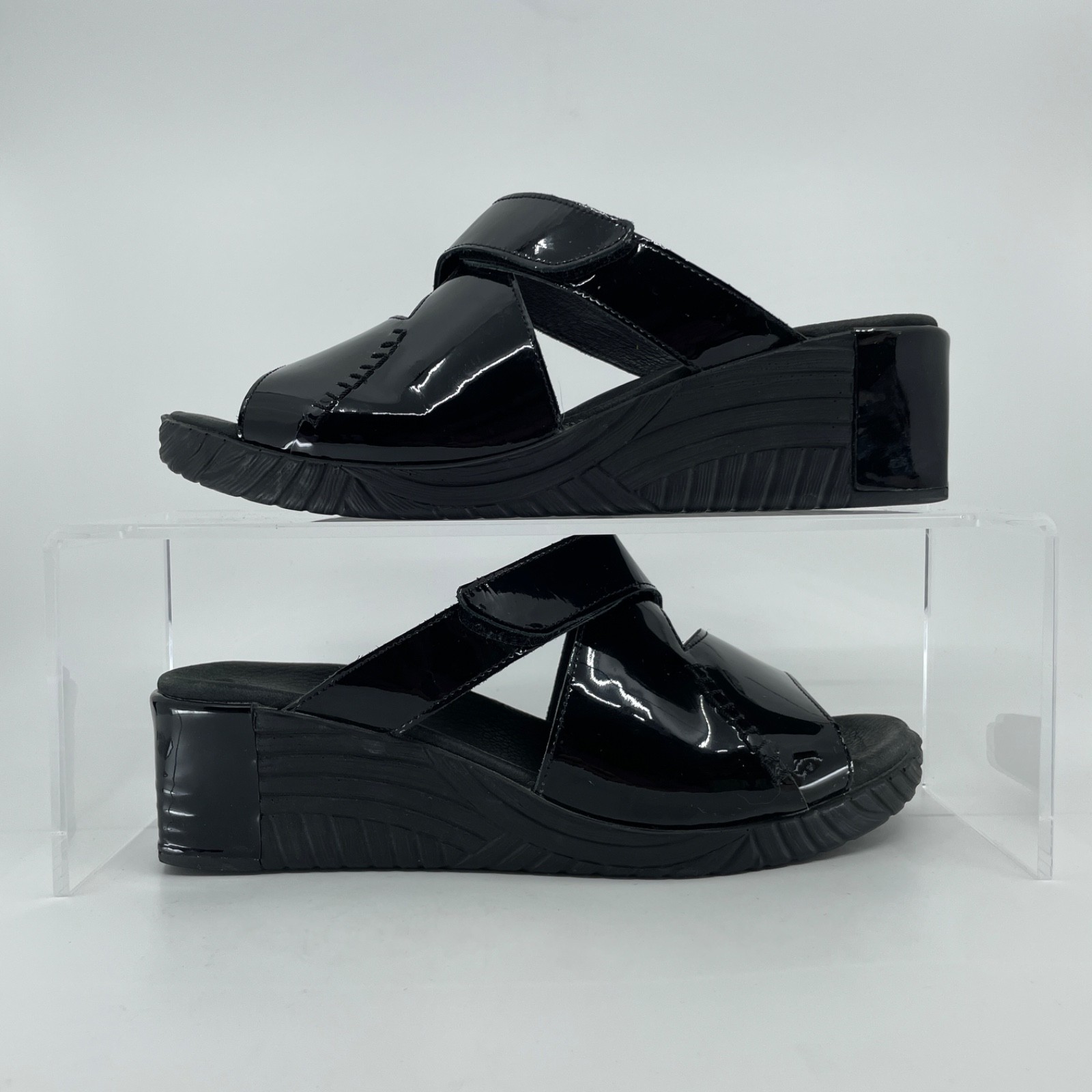 Wolky Size EU 41 US 10 10.5 Kibo Black Patent Leather Wedge Slides Sandals
