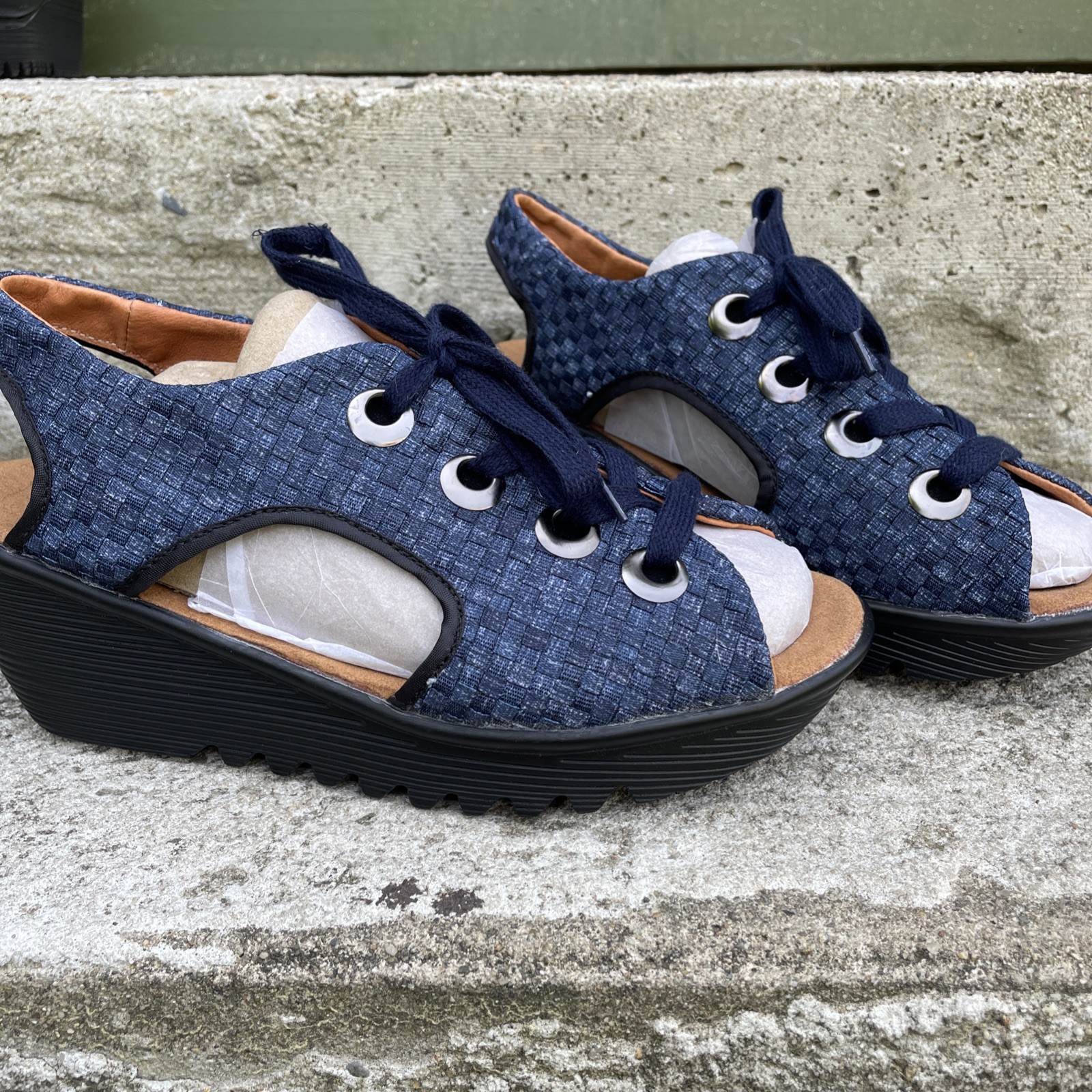 Bernie Mev Marcelo Lace Up Wedge Sandals In Blue Jean Size EU 41 US 10 10.5 New