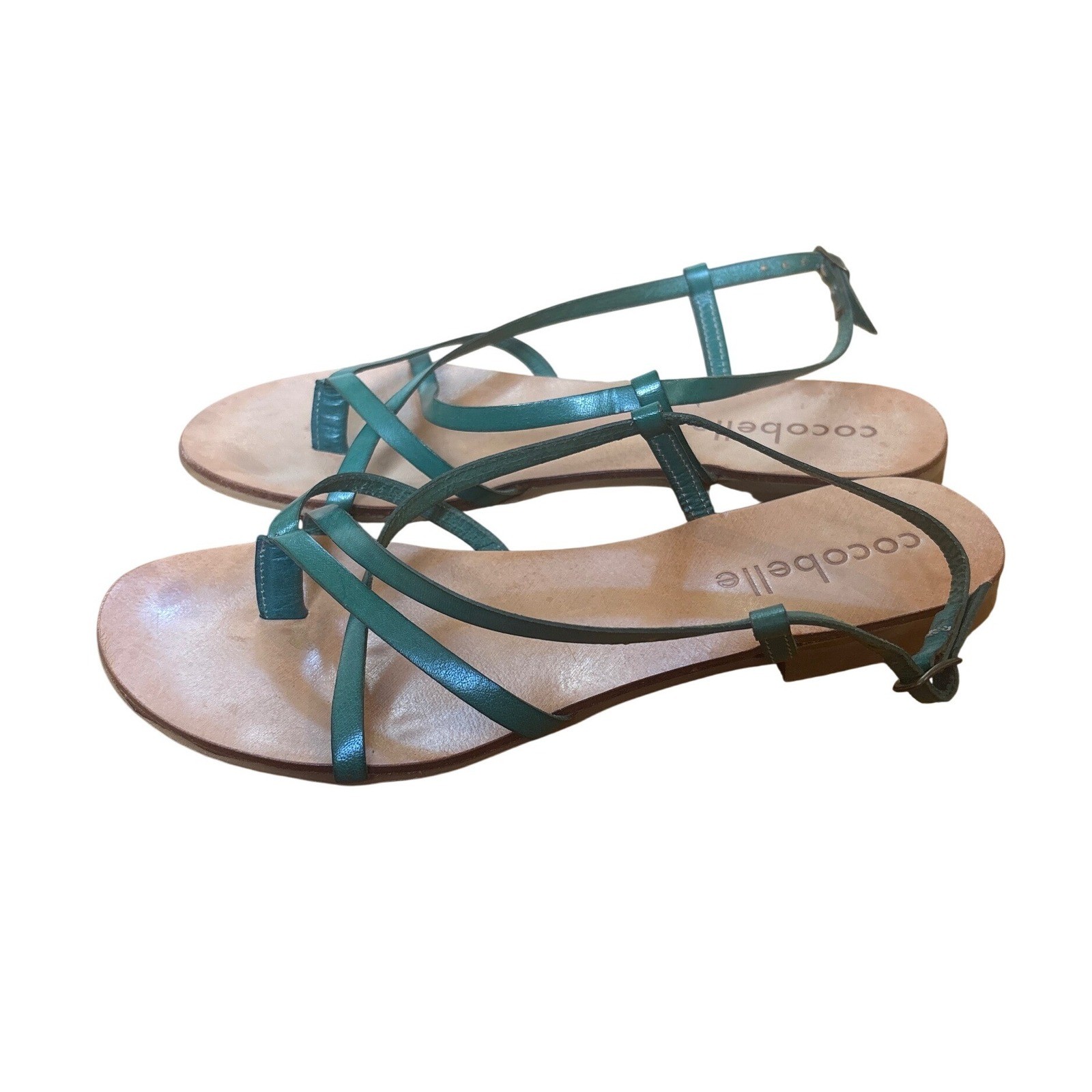 Cocobelle Sandals Women Teal Green Strappy Leather Flat Italy Boho SIZE 39