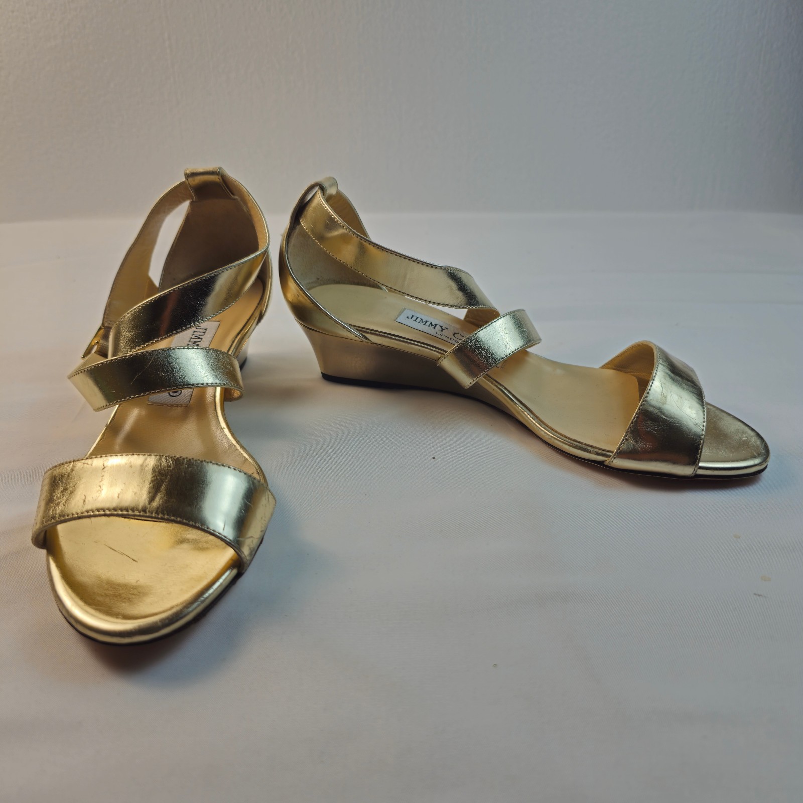 Jimmy Choo Gold Metallic Leather Wedge Sandals Buckle Ankle Strap EU35.5 US5.5