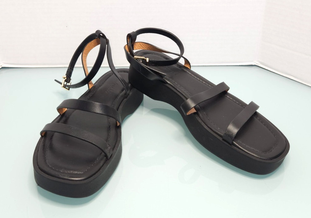 Madewell flat platform double strap sandals ankle strap black leather New 7.5M