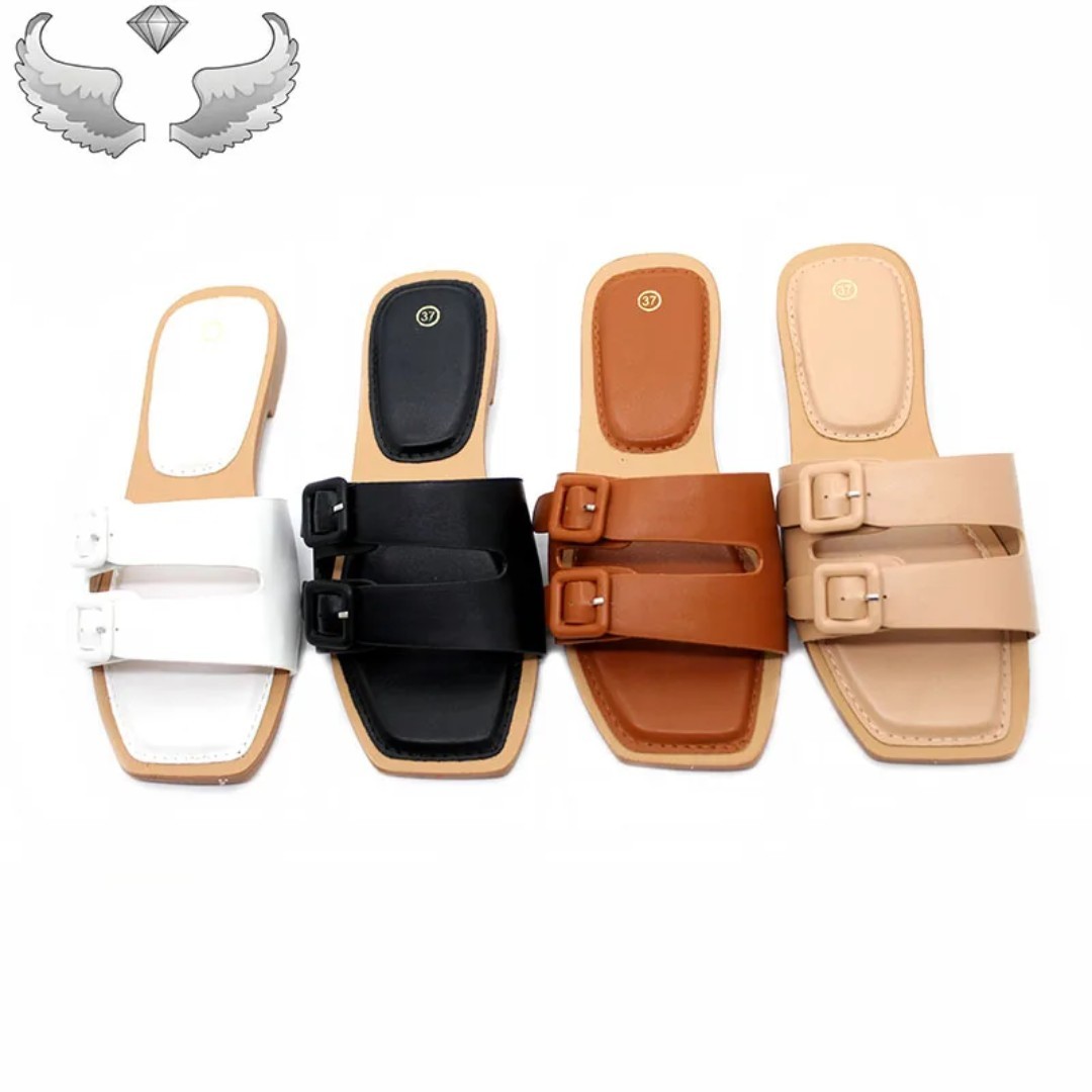 Women’s Brown Double Buckle Square Toe Slide Sandals Slip-On Synthetic 7.5