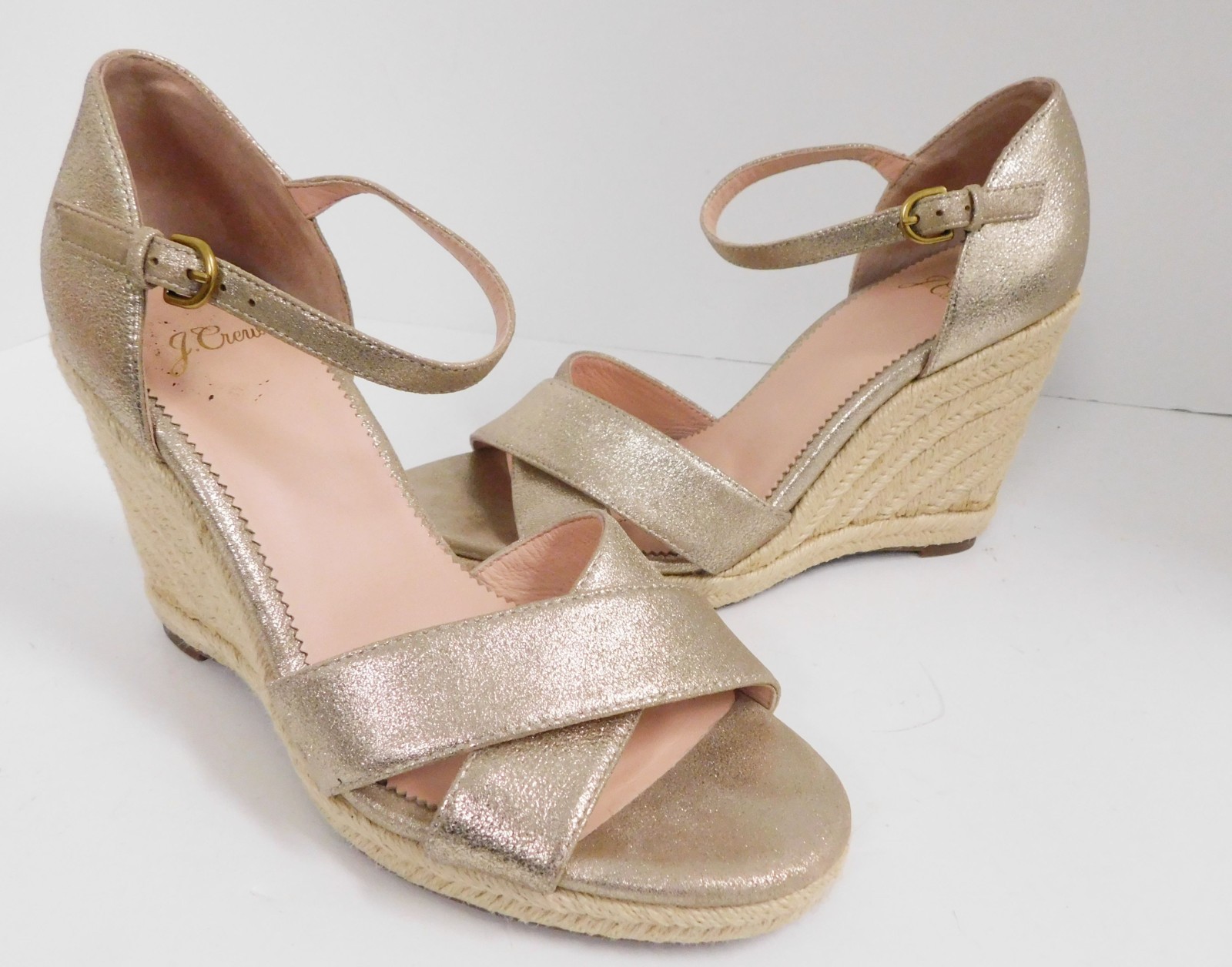 J. CREW Gold Metallic Leather Espadrille Jute Wedge Sandals 9