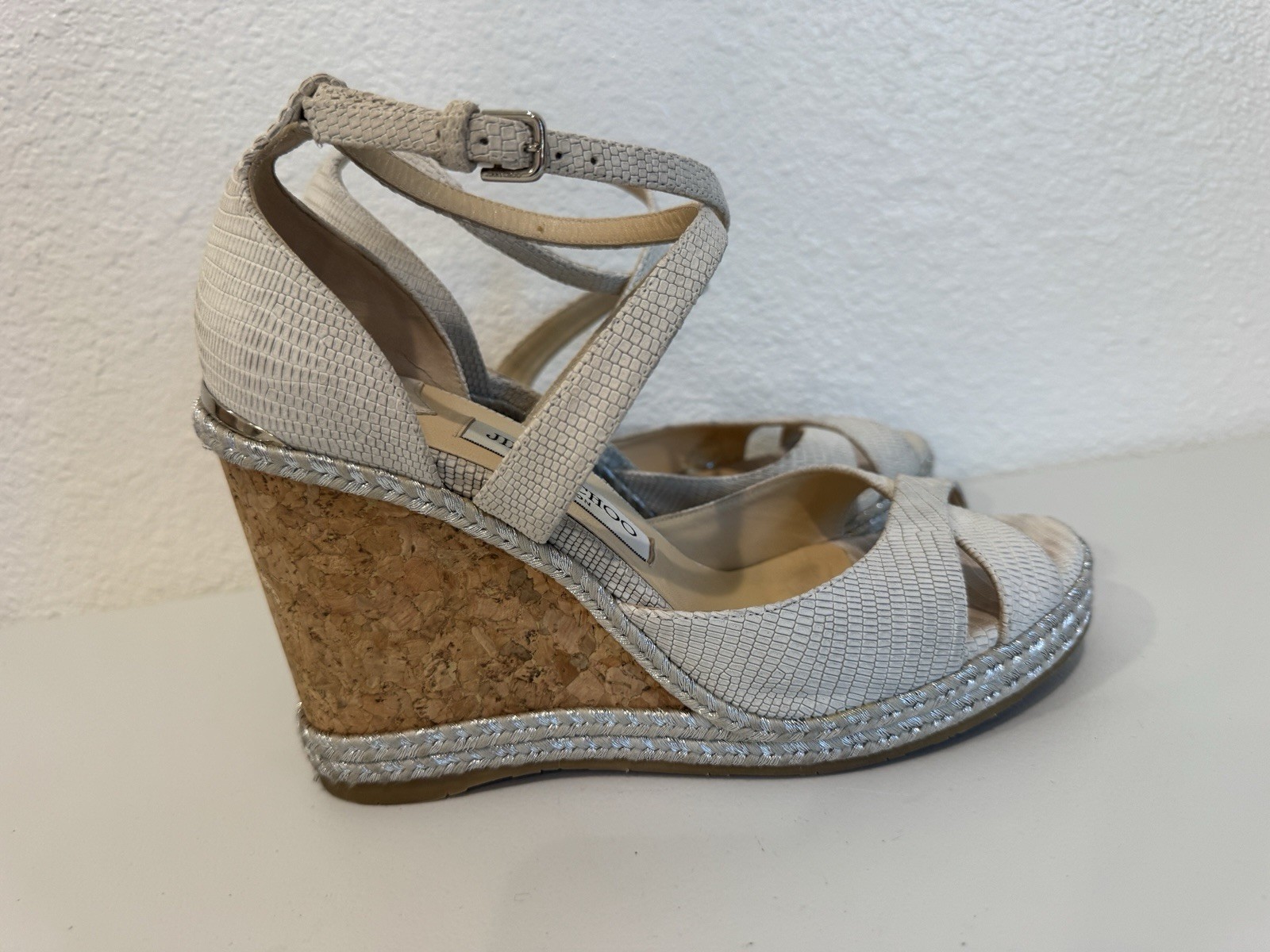 Jimmy Choo Alana Cork Wedge Espadrille Sandal Iridescent White EU 38, US 7