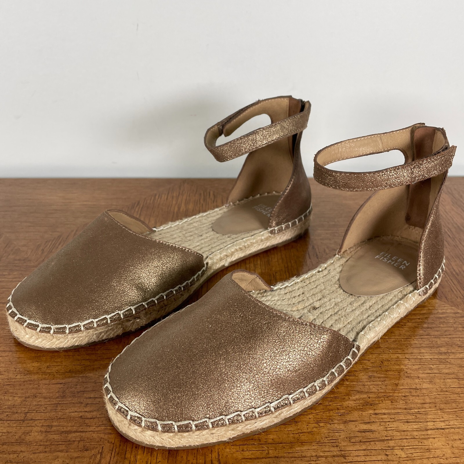 Eileen Fisher Espadrille Flat 6.5 Bronze Napa Leather Braided Jute Ankle Sandal
