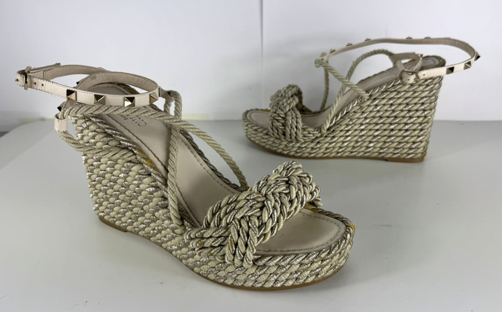 Valentino Rockstud Torchon Espadrille Rope Stripe Wedge Sandal EU 41 US 10/10.5