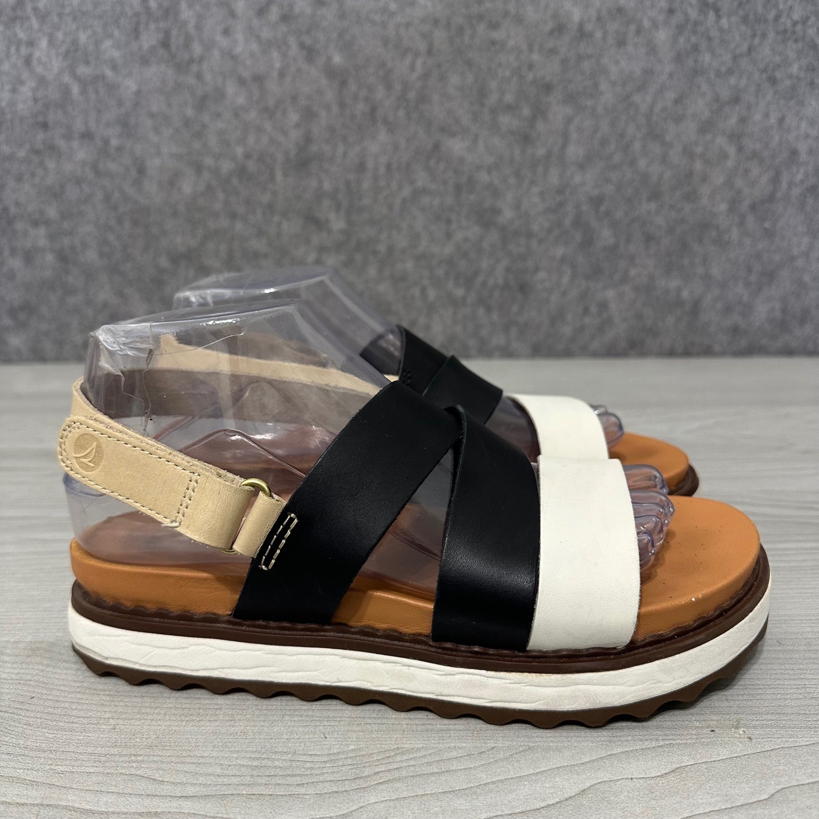 Sperry Cami Flatform Sandals Womens 7.5 Black White Tan Leather Strappy Comfort