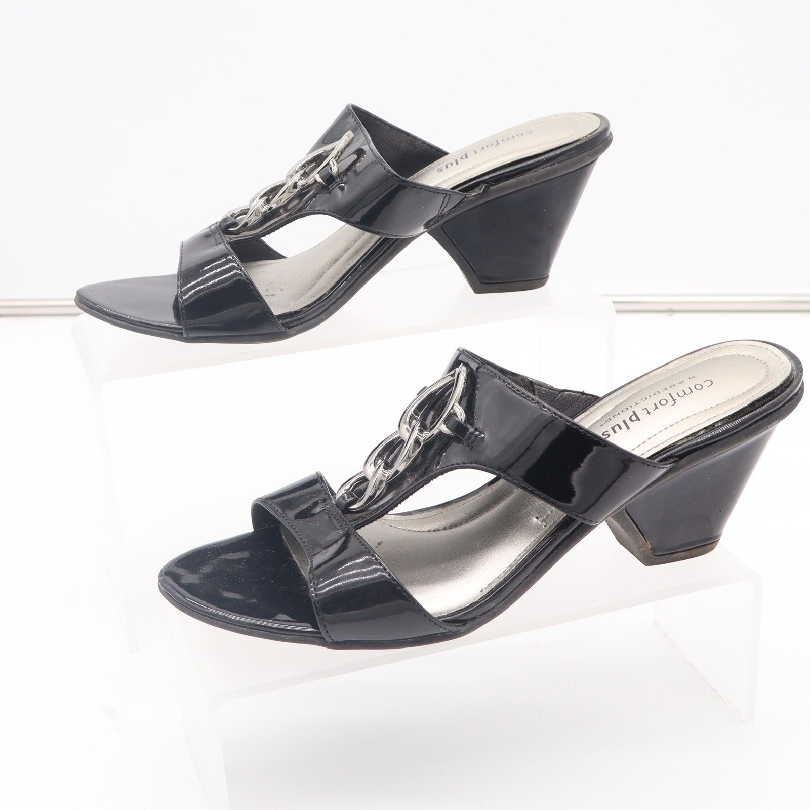 Comfort Plus by Predictions Black Patent Chain Slide Sandals Heels 7.5 130750