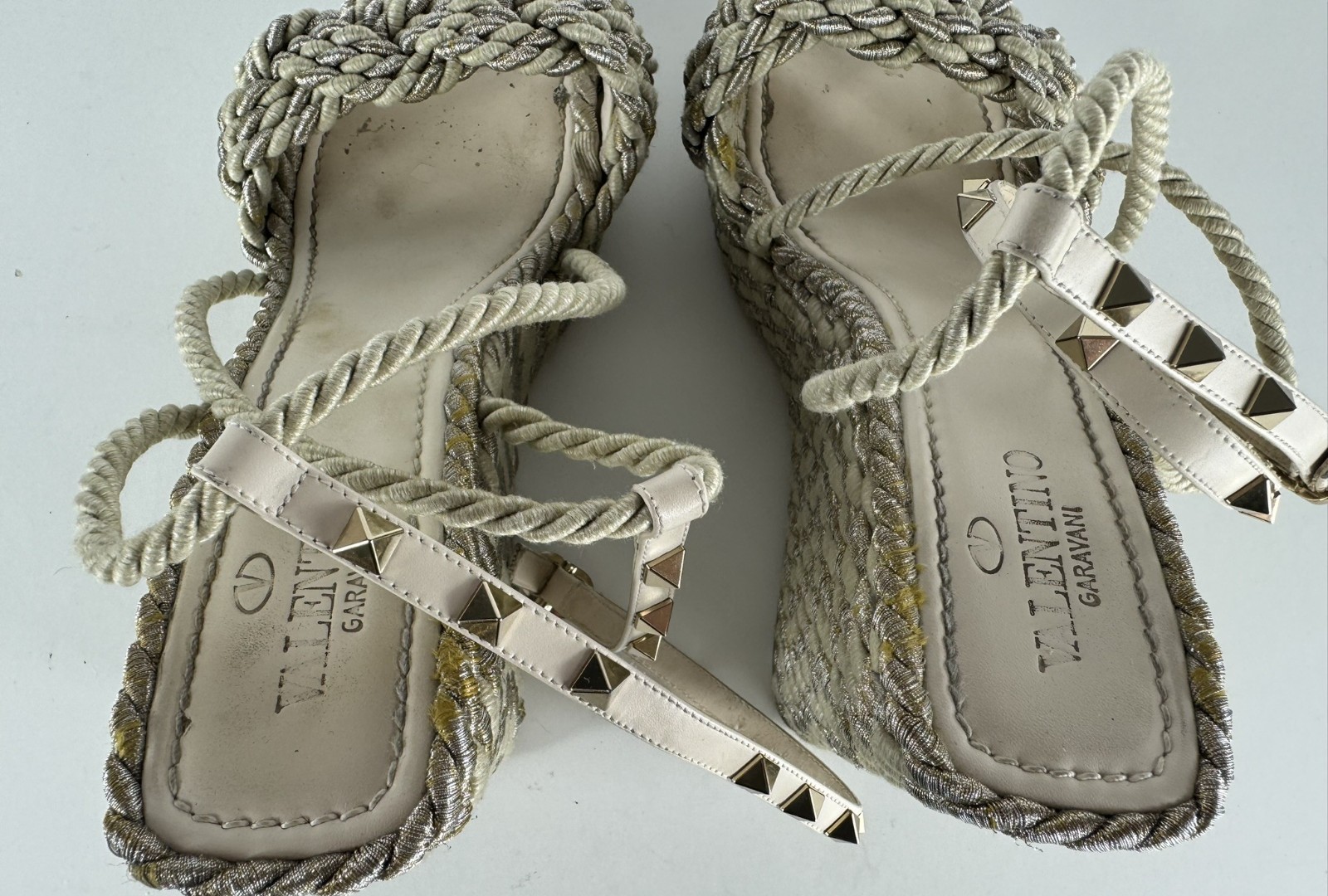 Valentino Rockstud Torchon Espadrille Rope Stripe Wedge Sandal EU 41 US 10/10.5