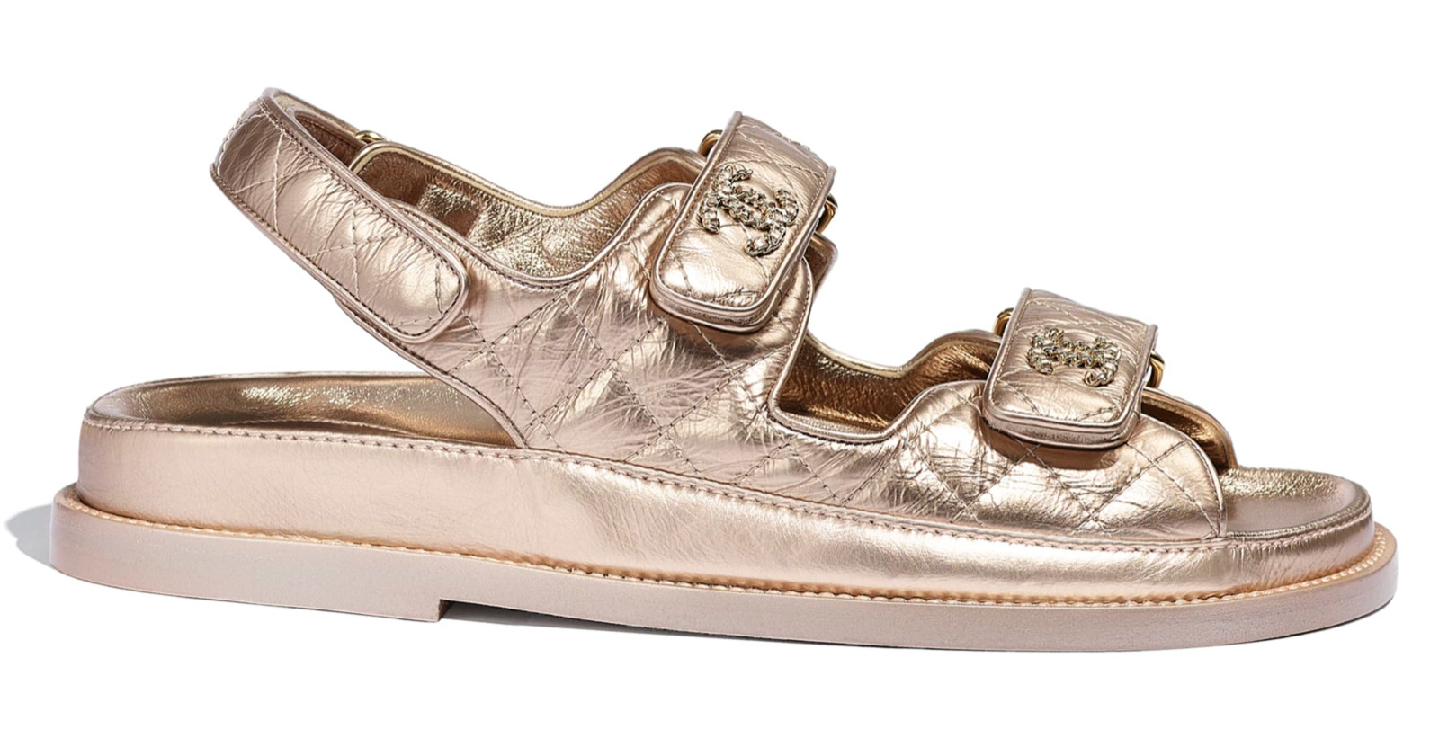 Chanel 21C Bronze Quilted Chain CC Logo Mule Slide Strap Flat Teva Dad Sandal 42