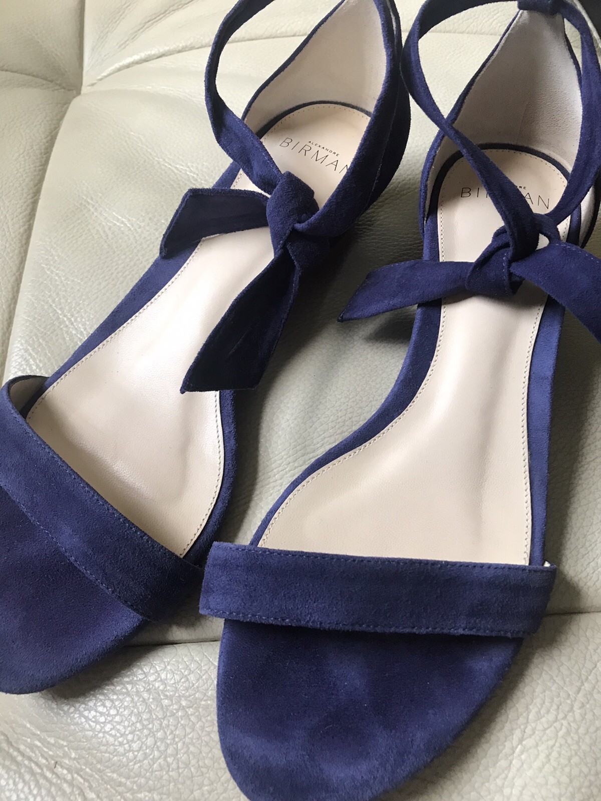 Alexandre Birman Sandals Sz 37.5 Atena Blue Suede Tie Low Wedge 1.25″ heel $545