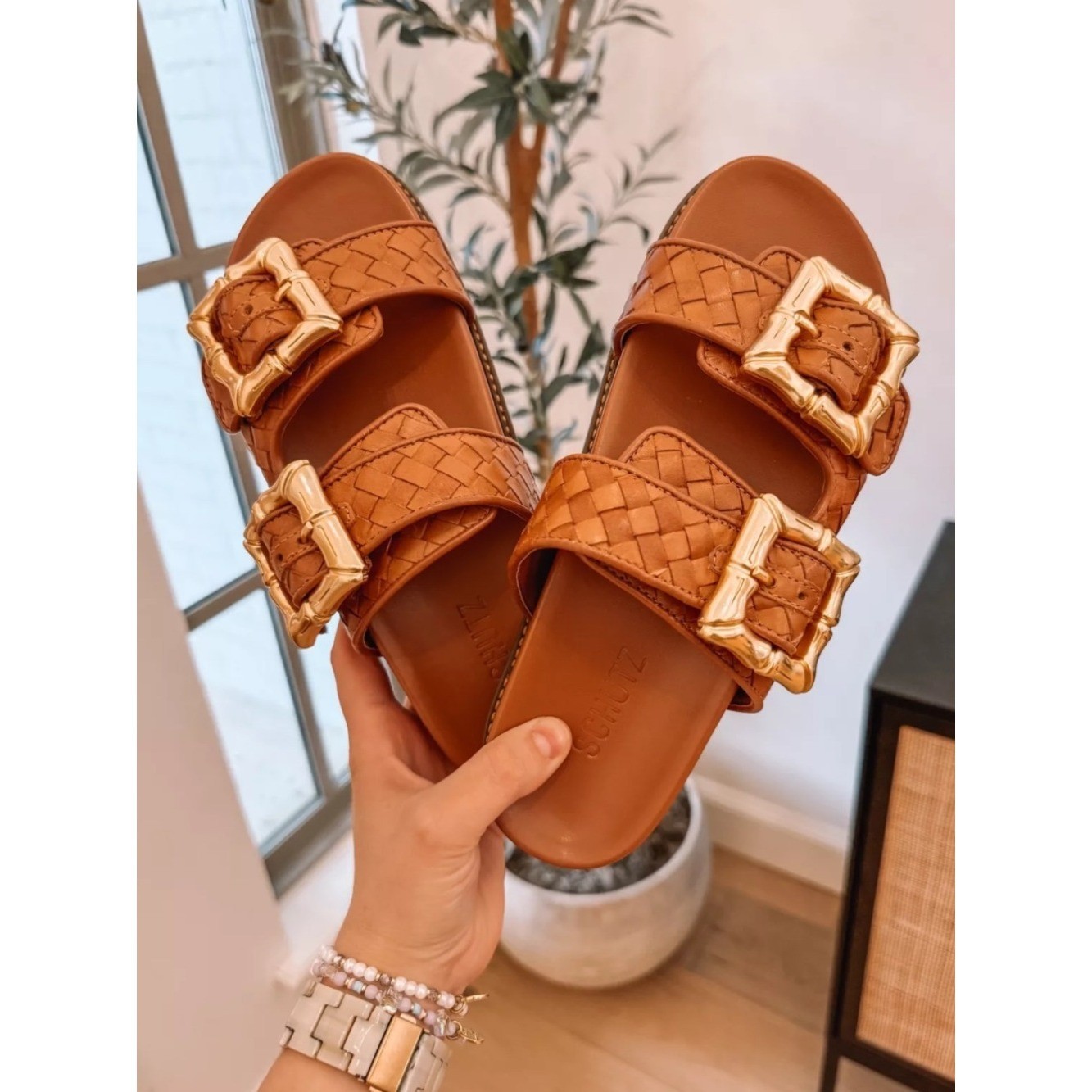 Schutz Enola Woven Leather Slide Sandals