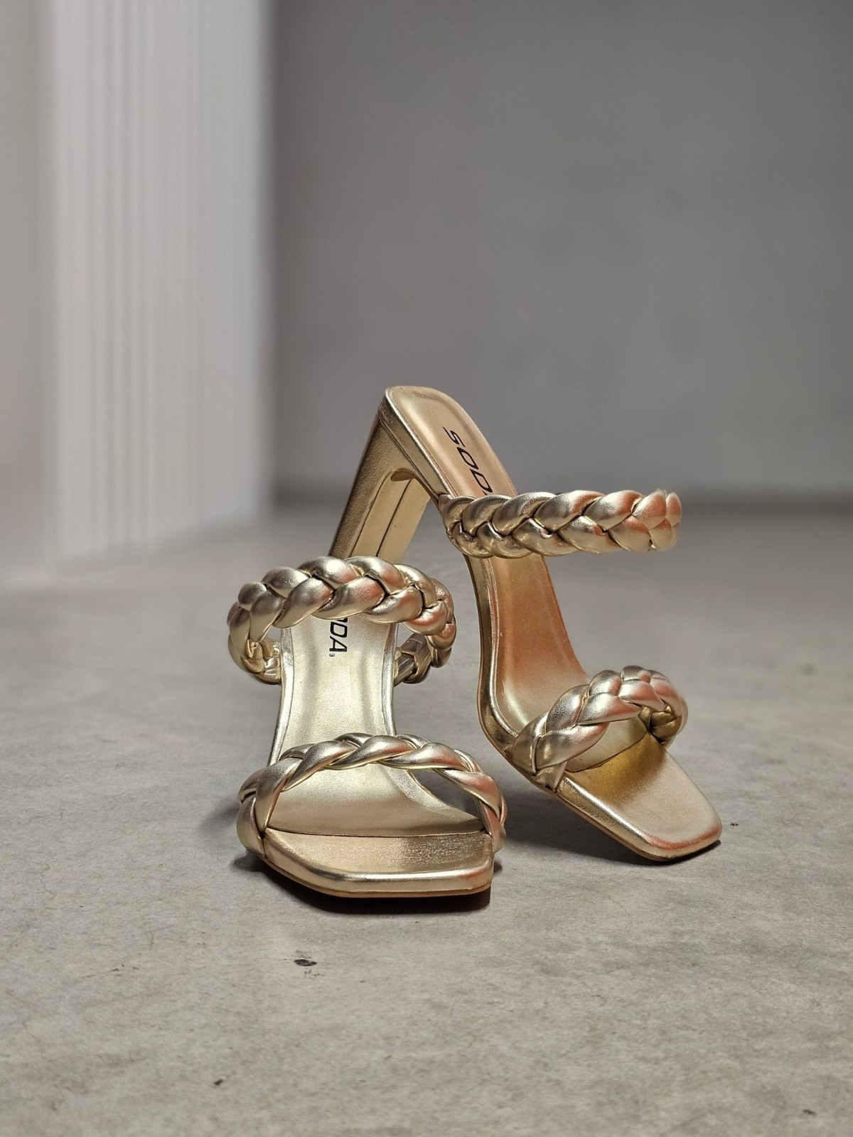 Braided Metallic Gold Block Heel Sandals Open Toe Square Toe Design Womens Shoes