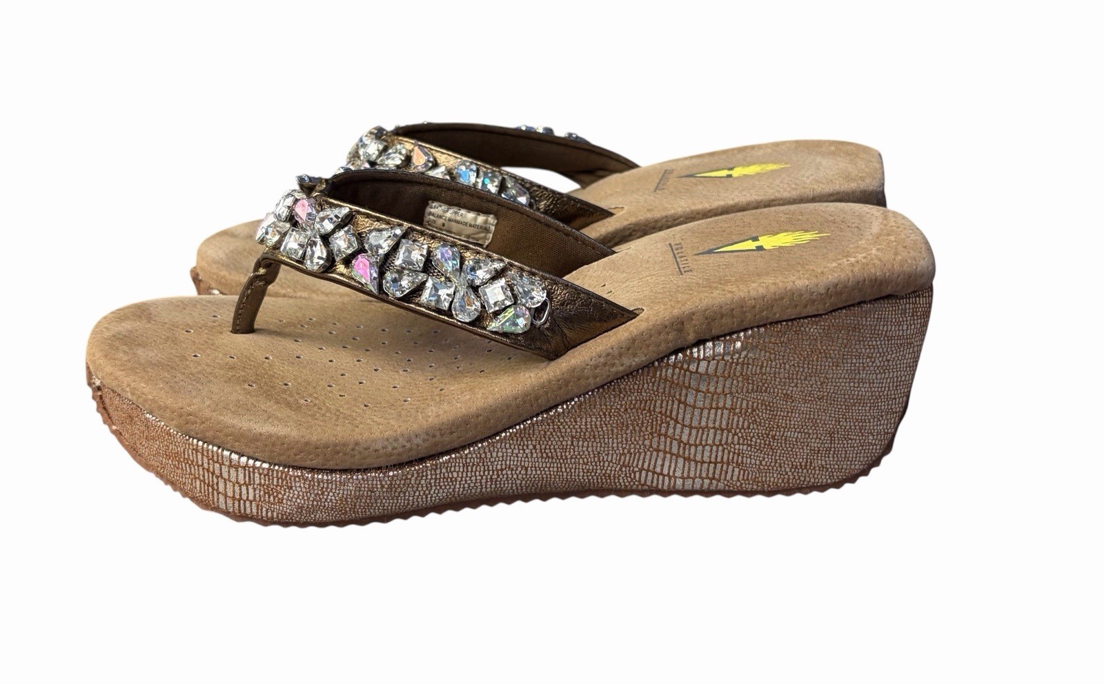 VOLATILE Rock Candy Bronze Suede Leather Upper Rhinestone Wedge Sandals 9
