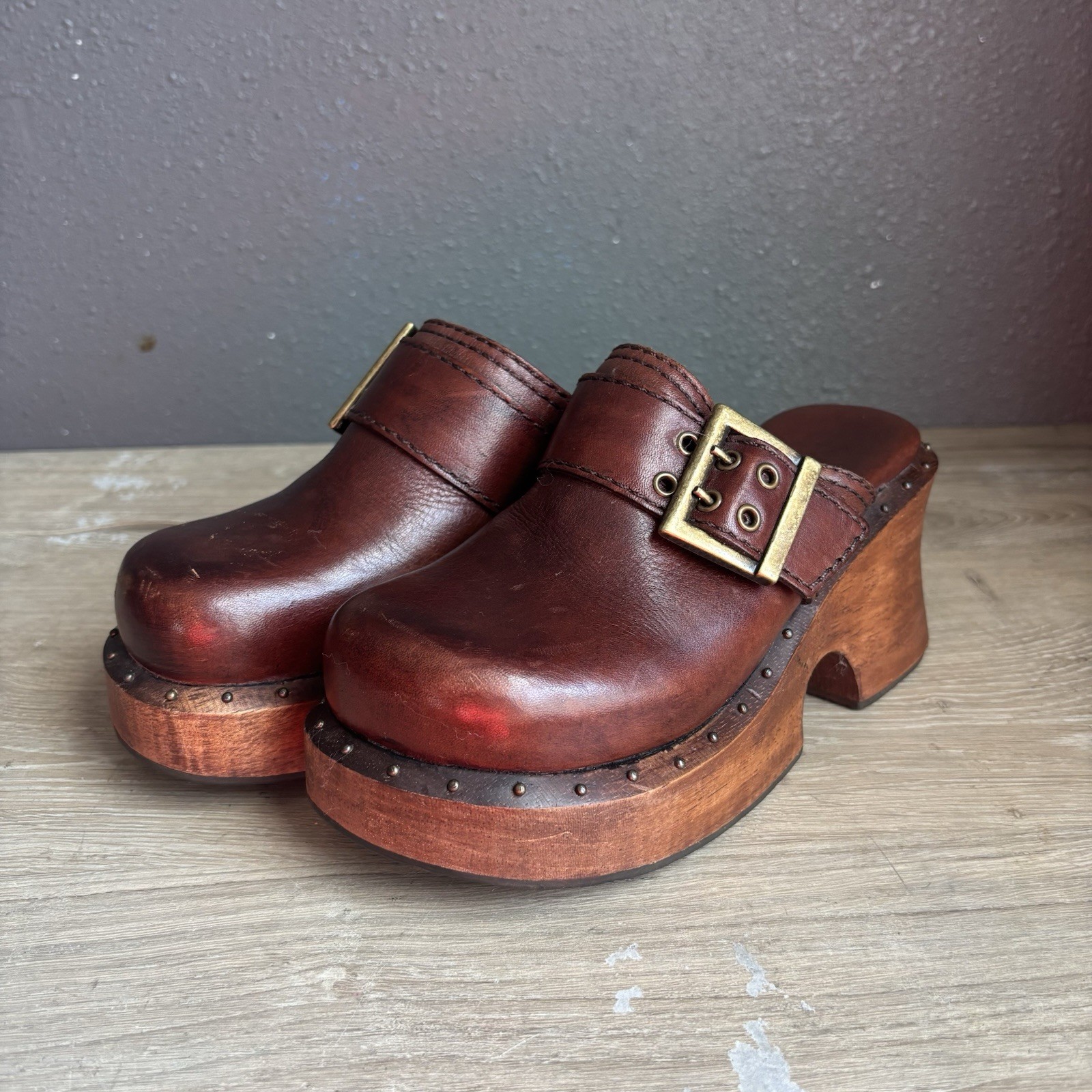 Vintage MIA Clog Platform Chunky Shoes Sandals 90s Y2K Wooden Block Heel Size 5m