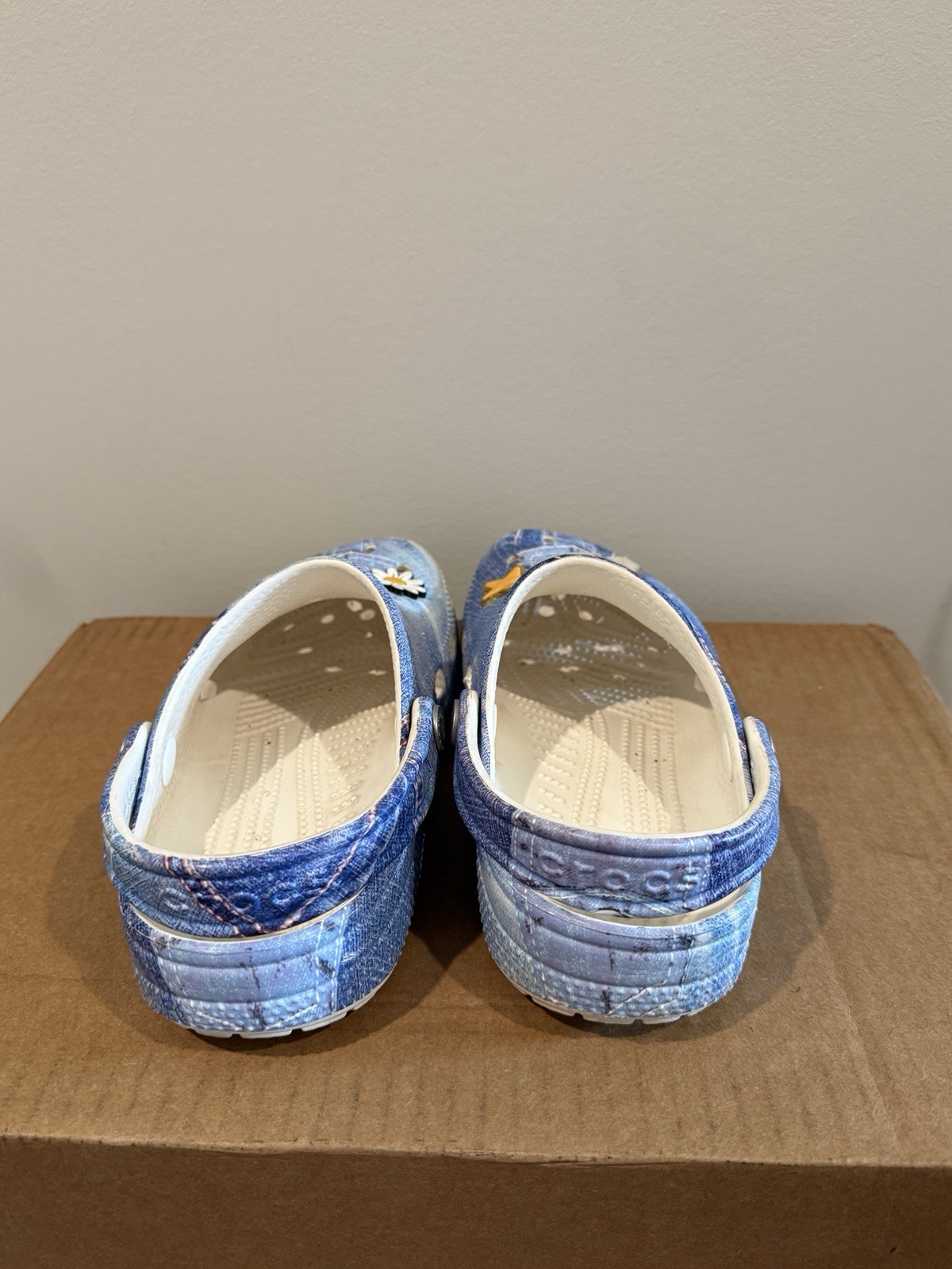 Crocs Teens US 4 Blue/White Denim Print Clog Sandals Slip-On PVC Logo
