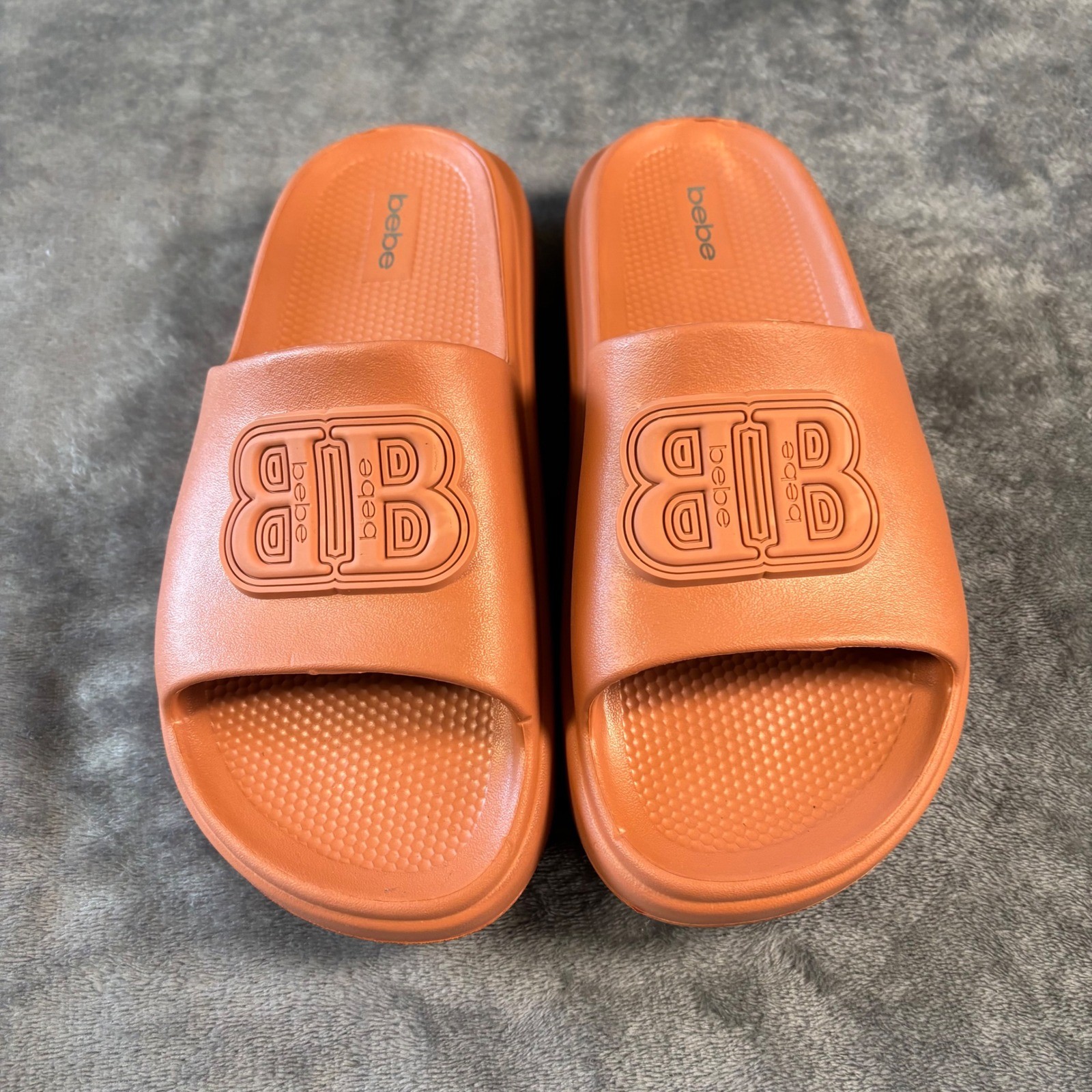 Bebe Womens Orange Platform Slide Sandals Embossed Logo Comfort Slides Size 7