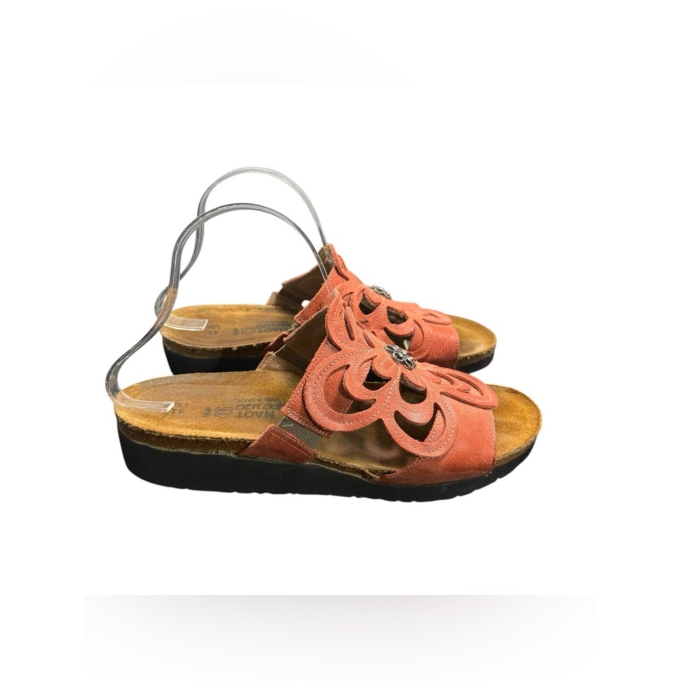 Naot Coral Orange Leather Floral Cutout Slide Sandals Platform Womens 41 L10
