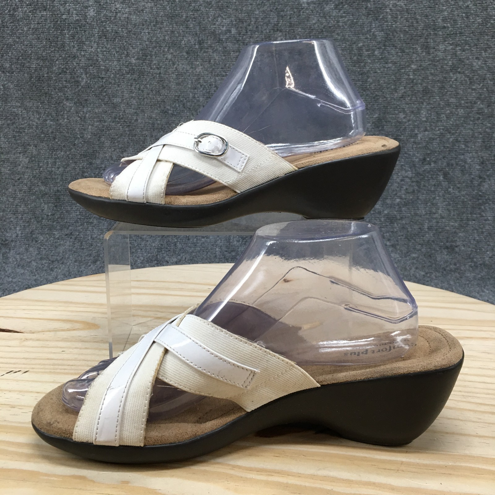 Comfort Plus by Predictions Slide Sandals Womens 9.5 Wedge Buckle Comfort White