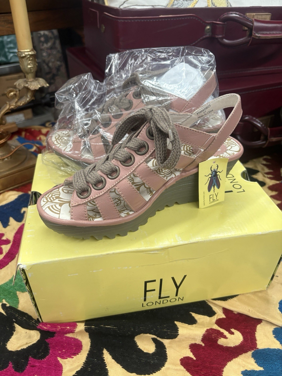 Fly London YITO Wedge Sandals Women 37 Rose Leather Lace Up Platform COMFORT