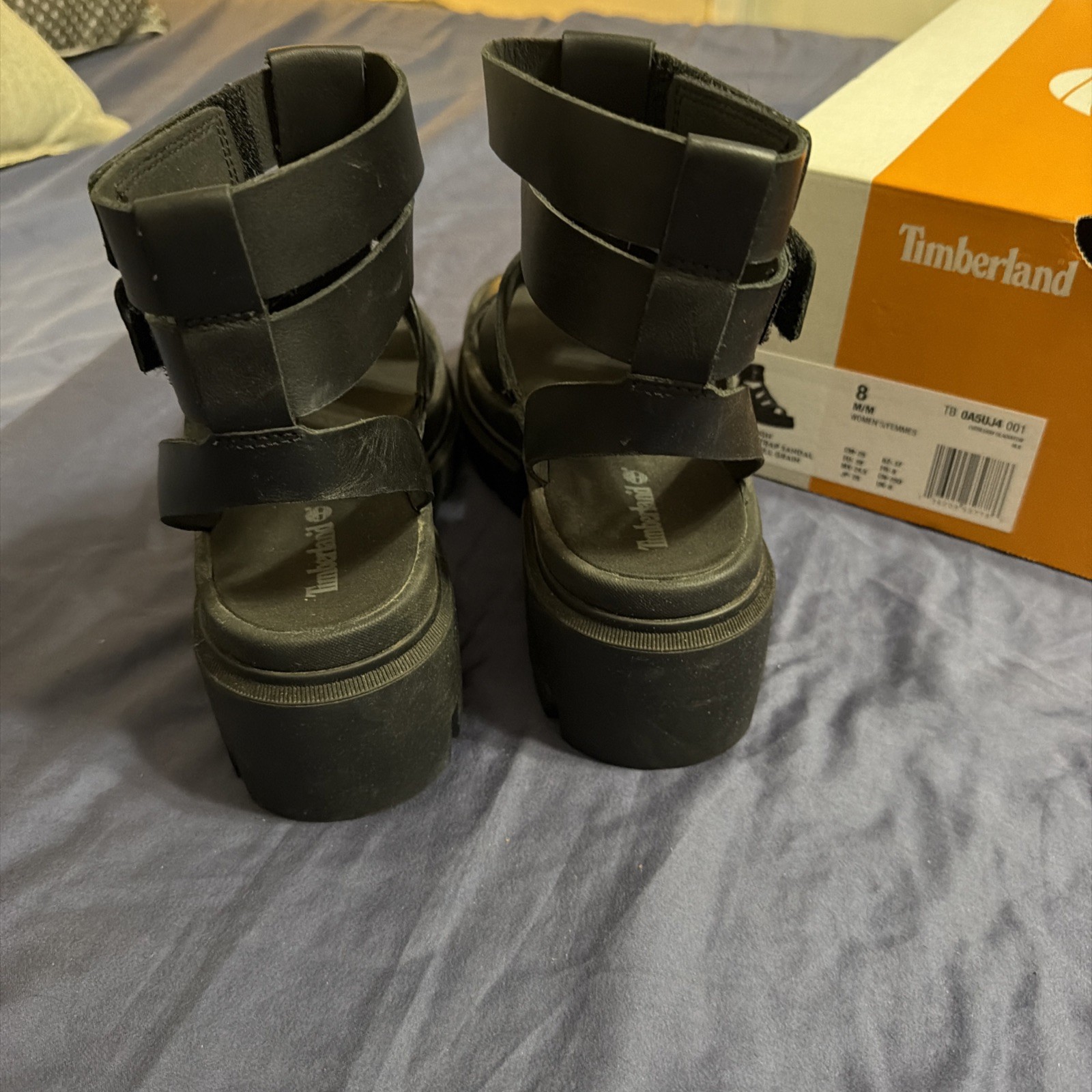 Timberland Women’s Everleigh Gladiator Sandals Black Leather Size 9 likenew wbox