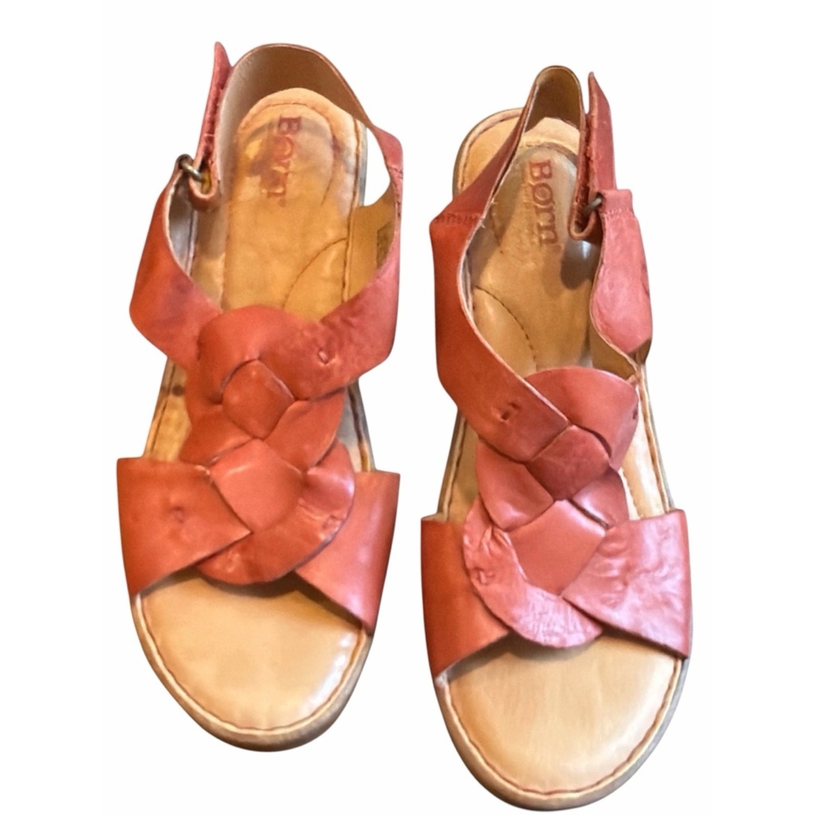 Born Nina Wedge Sandals Size 9 Rust Leather Braided Slingback 3” Heel Comfort