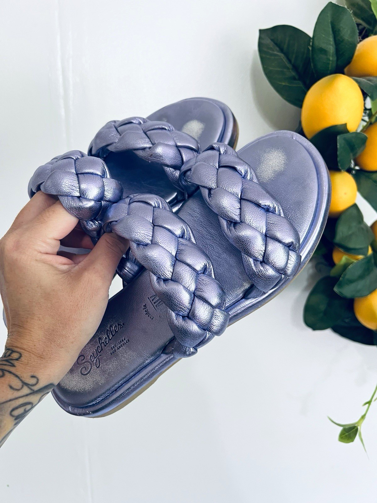 Seychelles Braided Leather Metallic Purple Slide Sandals