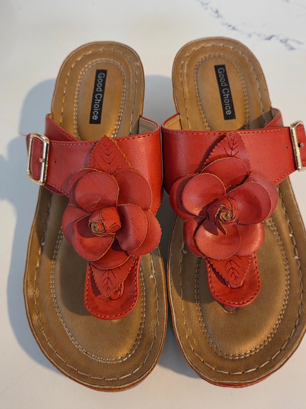 Good Choice, red flower sandals, size 8 Ladies, real leather, great condition!